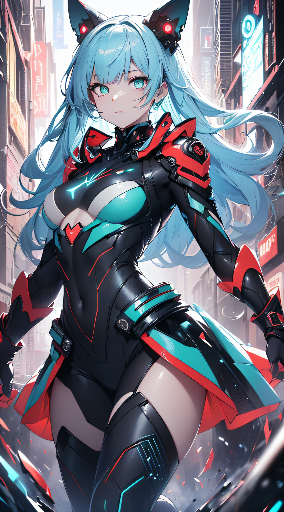 top-quality、Top image quality、masterpiece、Android Girl((, Cybersuit glowing in black, red and white、Blue energy source for the chest,Best Bust、Bust 90、Light blue light hair、Longhaire,Cyber Skirt、Blue-green eyes、open chest wide、Valley、Happiness、A slender、Mysterious face、Drifting in the air,Particles of light、Sharp claw arm,battered body、mid air、Glowing eyes、Hold out your hands))hiquality、Beautiful Art、Background with((mistic、Fantastic Universe))、masutepiece、Elaborate design、visualart、Theatrical films