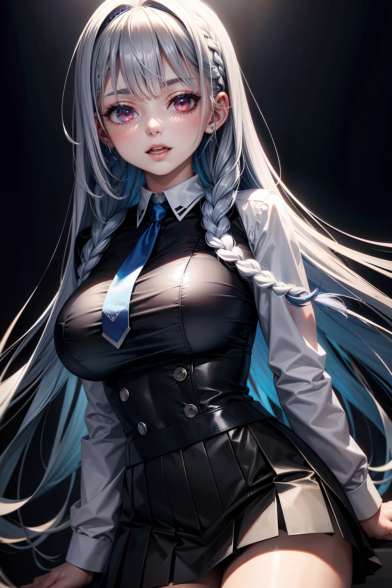 Open mouth,(kiss),Best Quality, Blue-silver hair, red eyes, Black uniform, skirt by the, Standing figure, Best Quality, ultra-detailliert, 1girl in, Long braided hair, Bangs lateral parting, large boob, stare, A slight smil(Evil:1.2),The shirt, side locks, 独奏, white shirt, black necktie