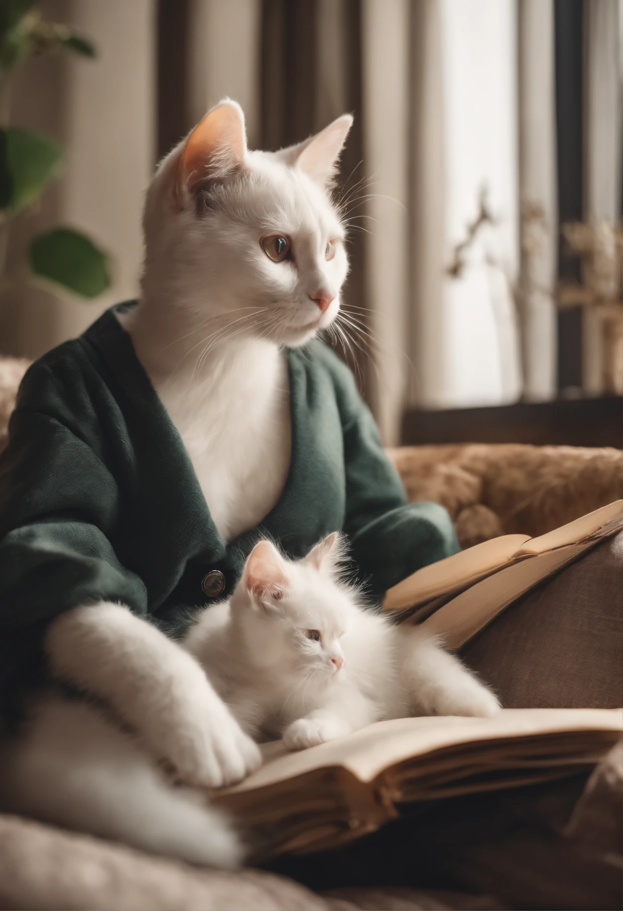 there is a cat on it, a cute little cat, The cutest kitten in history, Very beautiful and cute girl cat, Lewd and excited white cat, a cute little cat, Intelligent cat, an anthro cat, funny cat, cute kittens, And a sad cat. They read books on the couch、Sitting on a chair. They are relaxing after a hard day. They are wearing pajamas.