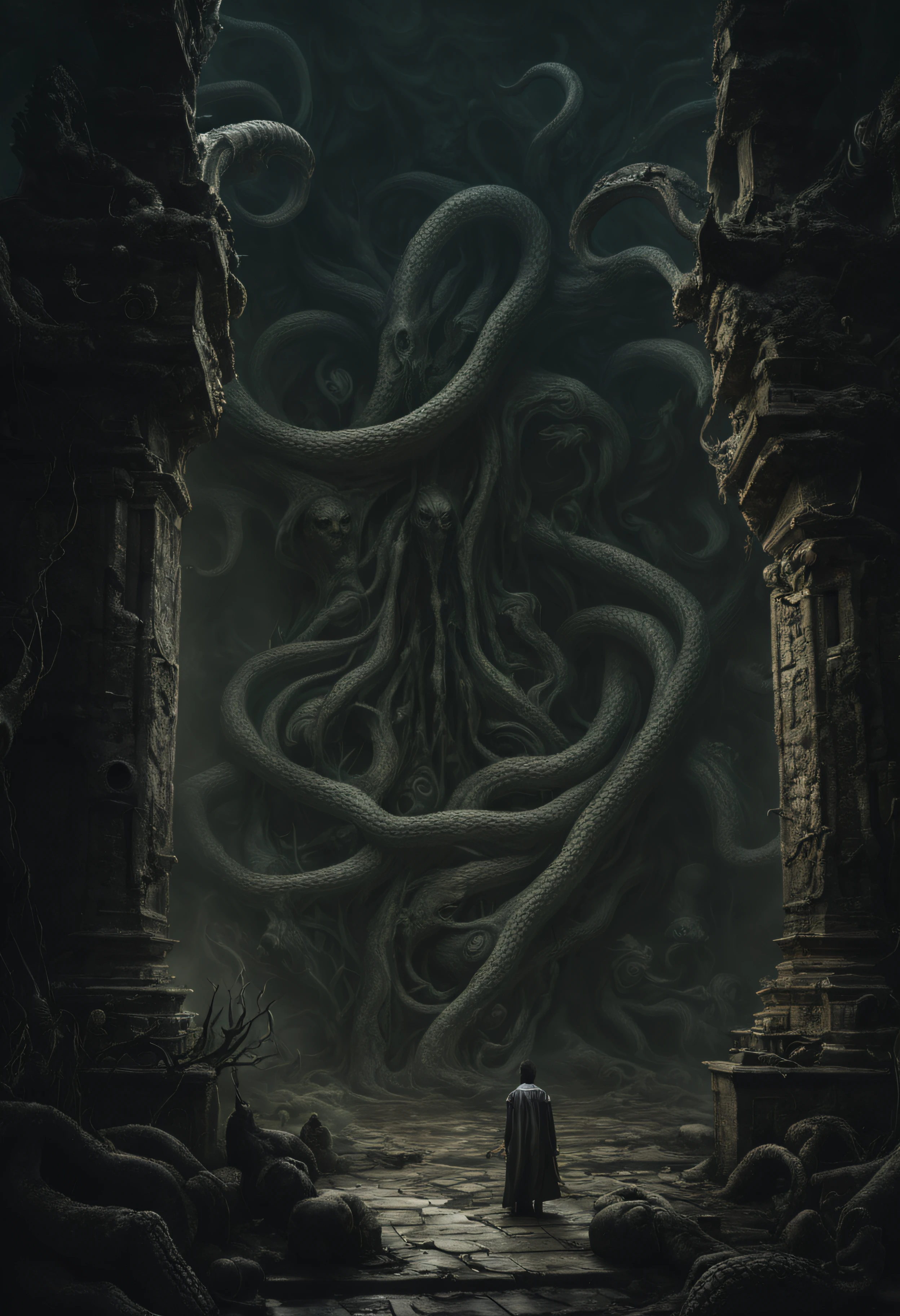 (best quality, highres:1.2), incredible details, spooky atmosphere, eerie lighting, disturbing creatures, ancient ruins, mysterious shadows, sinister presence, grotesque statues, tentacles, otherworldly landscape, nightmare-inducing, haunted environment, Lovecraftian monsters, eldritch horrors, surreal imagery, unsettling textures, deep cosmic horror, eerie fog, occult symbols, forbidden knowledge, cryptic writings, ominous whispers, sanity-shattering, fear-inducing, cosmic entities, eldritch abominations, phantasmagorical.