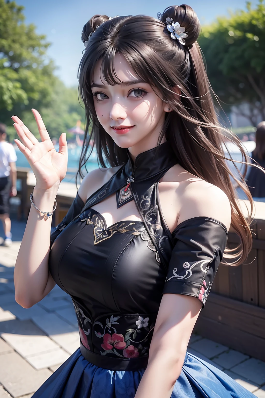 masterpiece, best quality, highres, chi1, 1girl, long hair, blunt_bangs, one side up, solo, bracelet, bangs, bare shoulders, black shirt, floral print, short sleeves, off-shoulder shirt, frills, blue skirt, amusement park, waving, smile,