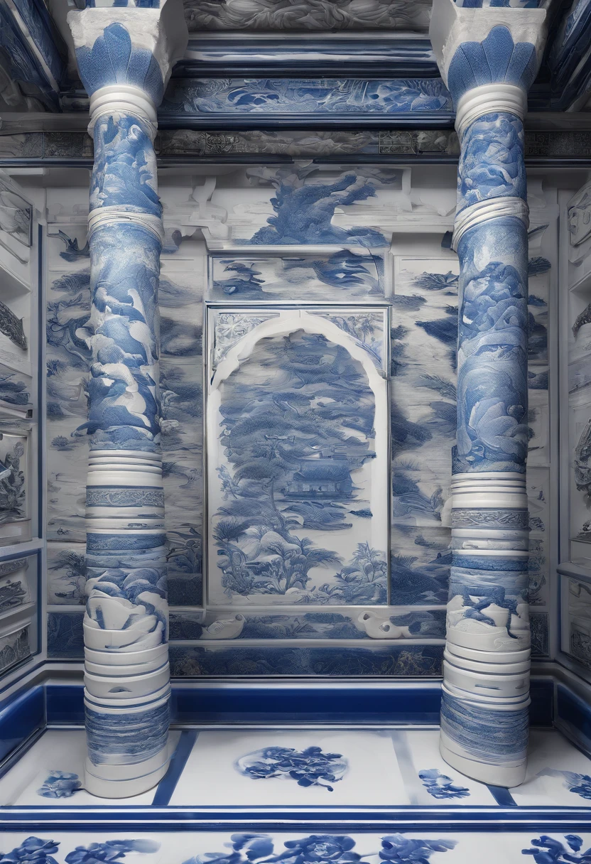 Blue and white porcelain,Ceramic material，Chinese palace of the Tang Dynasty，artwork of a，Ornaments， high detail,3D， Chiaroscuro, Cinematic lighting, god light, Cinematic lighting, hyper HD, High details, Best quality, A high resolution, Textured skin，over distances