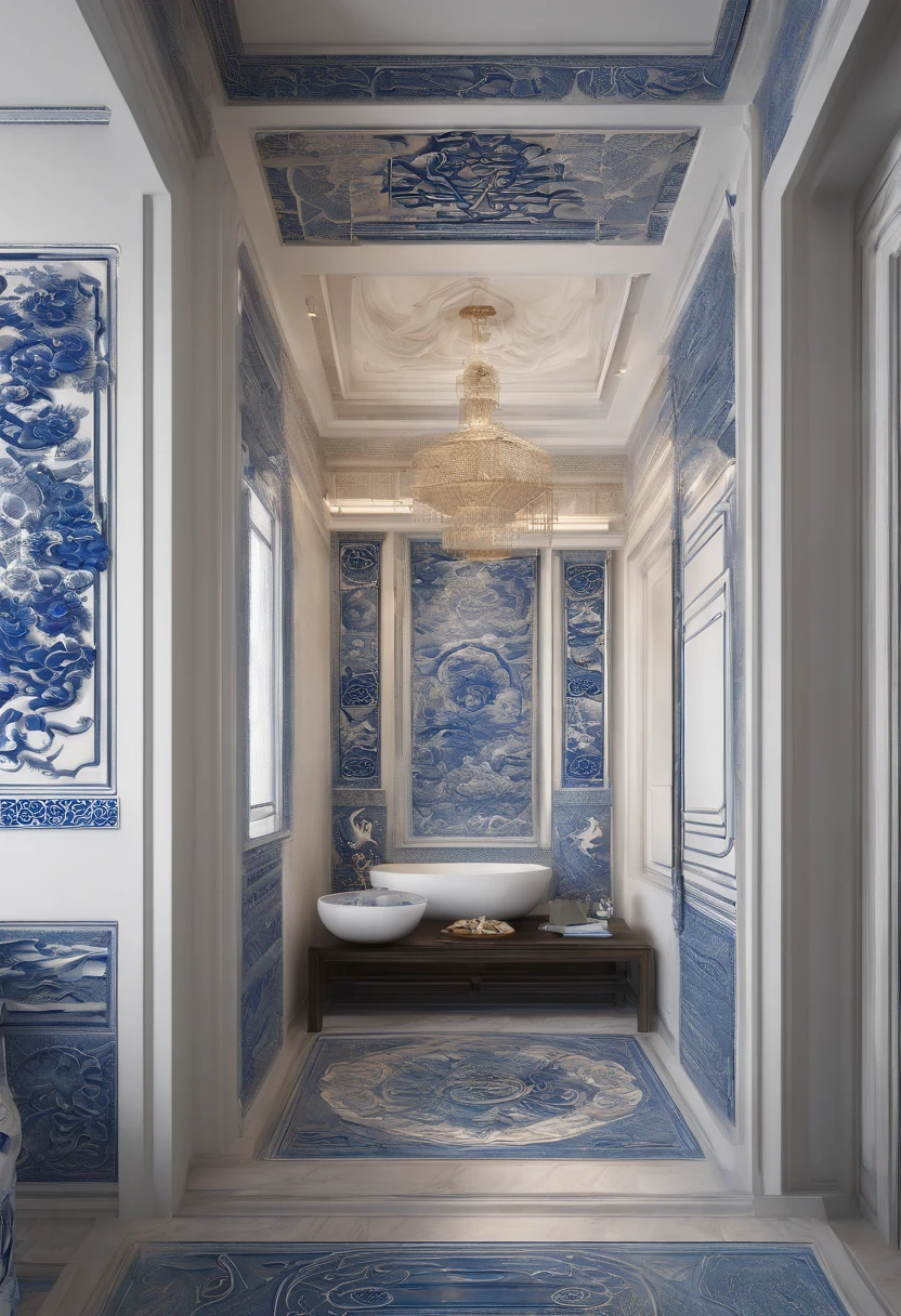 Blue and white porcelain,Ceramic material,Chinese palace of the Tang Dynasty,artwork of a,Ornaments, high detail,3D, Chiaroscuro, Cinematic lighting, god light, Cinematic lighting, hyper HD, High details, Best quality, A high resolution, Textured skin,over distances