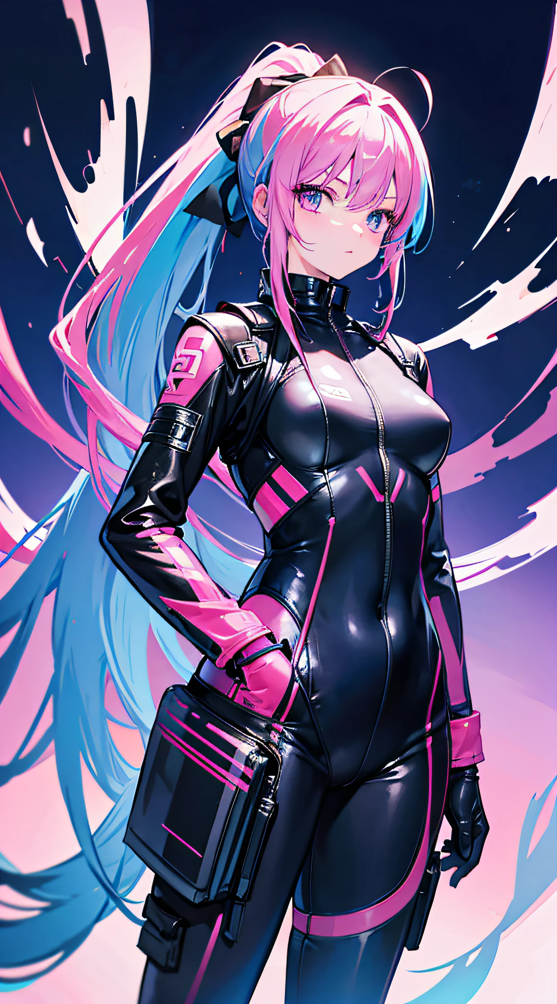 rubber_suit, torn_clothing, young_girl, standing, long_hair, ponytail, blue_hair, pink_hair, gradient_hair, direct_gaze, best_quality, illustration, surrealism