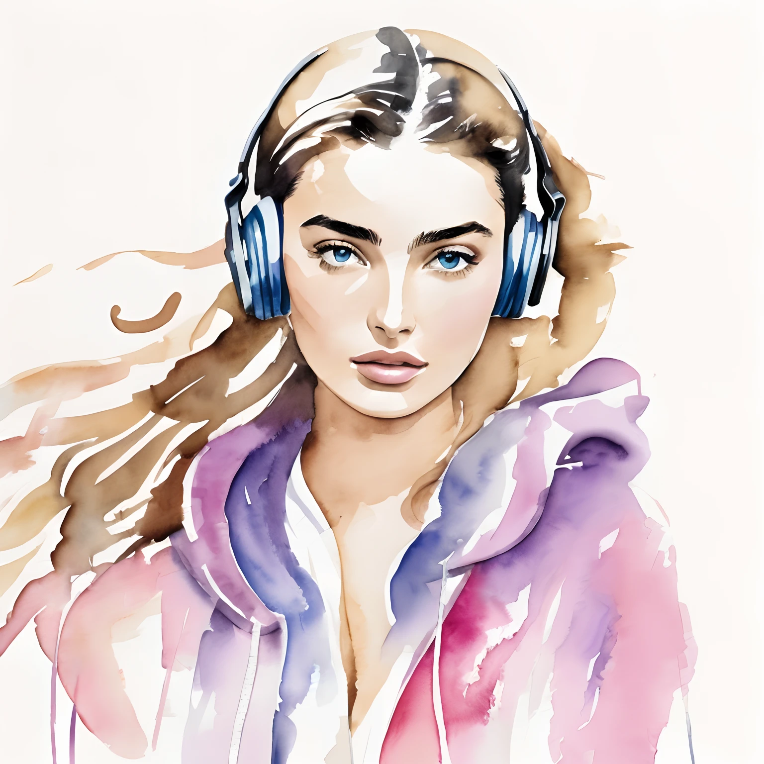 David Downton fashion illustration, gentle colors watercolor, blonde 1woman, thin hair, cute face, Andreea Diaconu, headphones, hoodie, drawing, luxury, calm, lilac, light blue, gentle pink