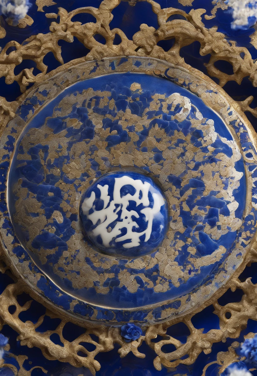 Blue and white porcelain,Ceramic material，Chinese palace of the Tang Dynasty，artwork of a，Ornaments， high detail,3D， Chiaroscuro, Cinematic lighting, god light, Cinematic lighting, hyper HD, High details, Best quality, A high resolution, Textured skin，over distances