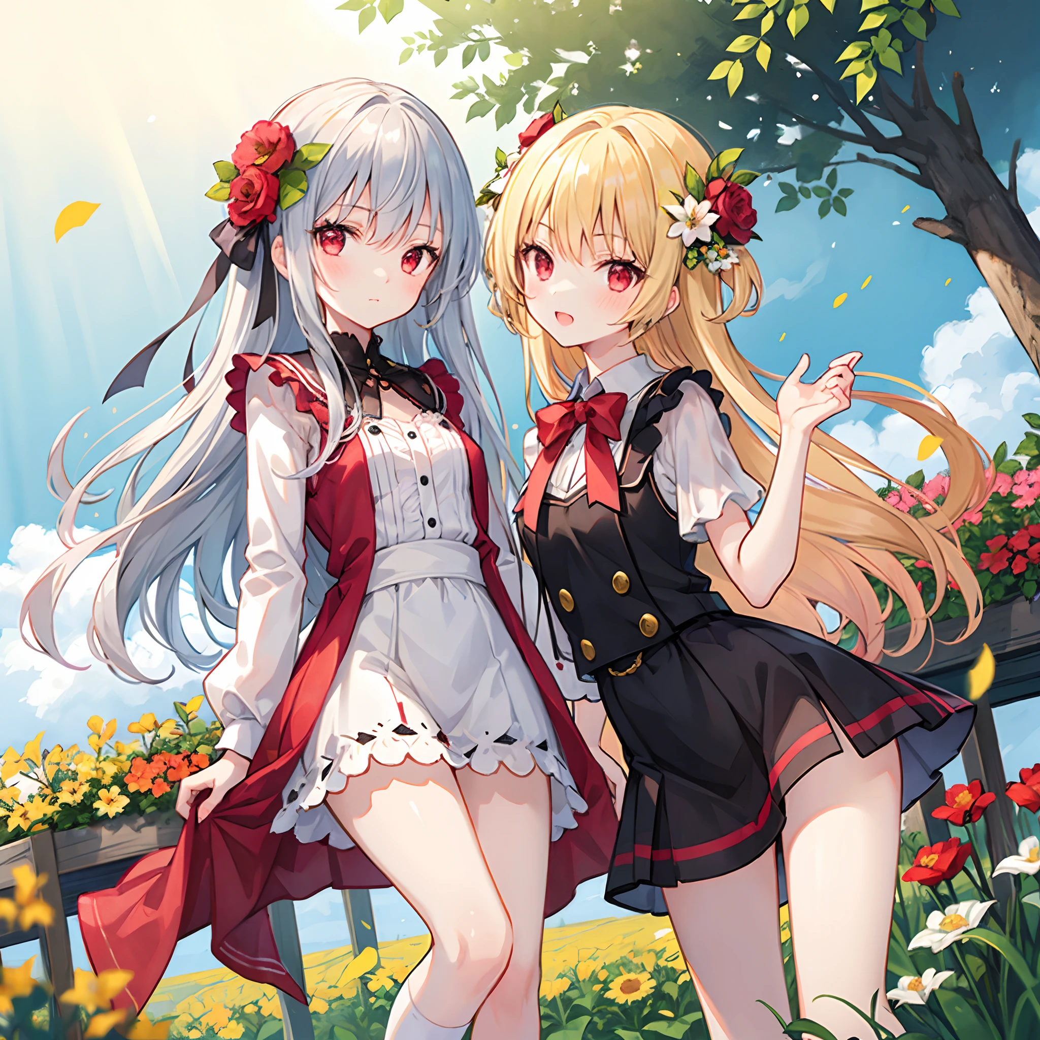 Girl with gray hair and red eyes、Blonde and red-eyed girl、Fluffy clothes、Sunlight、flower field、spats