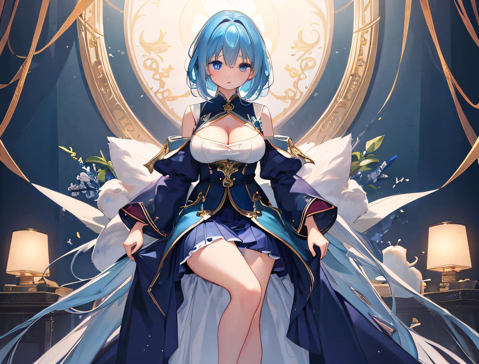 (masterpiece:1.21), (top-quality:1.331), ((ultra-detailliert)), ((Superb illustration)), ((astounding)), (An ultra-high picture quality), Gorgeous and rich graphics, (extremely delicate and beautiful:1.21), 8K, wall-paper, (Very beautiful lighting), hard lights,(beautiful finely detailed eyes)、1girl in、独奏、blue hairs、shorth hair、blue eyess、large full breasts、cleavage of the breast、Full body view、sullenness、frontage、masterpiece、top-quality、