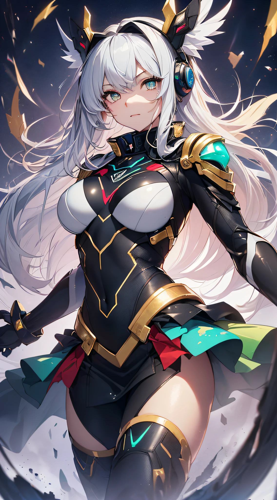 top-quality、Top image quality、masterpiece、Android Girl((、 A black,And a cybersuit that glows red and white、Blue energy source for the chest,Best Bust、Bust 90、gold and silver hair、Longhaire,Cyber Skirt、Blue-green eyes、open chest wide、Valley、Happiness、A slender、Mysterious face、Drifting in the air,Particles of light、Sharp claw arm,battered body、mid air、Hold out your hands、Glowing eyes、splatters))hiquality、Beautiful Art、Background with((mistic、Fantastic Universe))、masutepiece、Elaborate design、visualart、Theatrical films