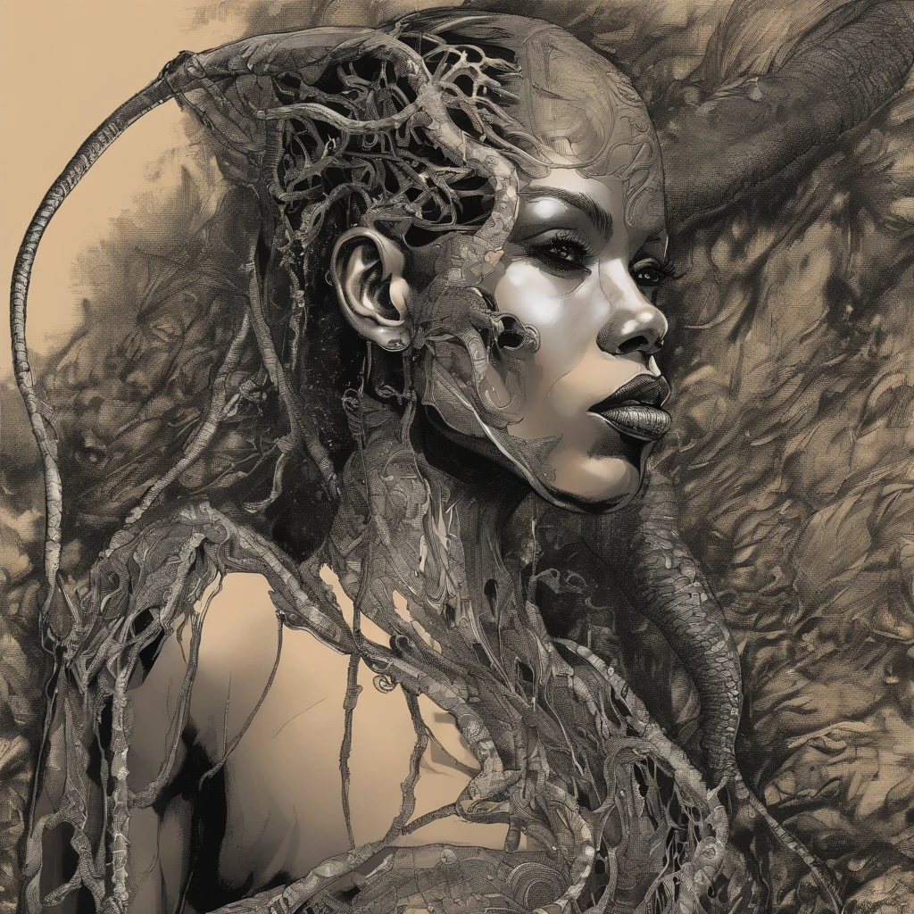 Medusa, Hand Drawn Sketch, stylo & Ink Line Illustration, candid, double exposition, silhouette, optical illusion,((style artistique "Sean Gordon Murphy" Comic book drawing, Start Panel)), nyctophobie, Portrait complet du corps, Robe en peau de serpent, (corps, Naga, Peuple des serpents, bas du corps queue de serpent, Serpent femme hybride, bald, glabre, Squelette, Body Drawn in Frederic Delavier's Anatomical Musculature Illustration Style Art, tatouages de peau de serpent, sharp eyes, pupilles de serpent), (visage, Ornate Black Metal ?????? Painting, looks like Grace Jones), Nuance artisanale, Portrait complet du corps, (Couleurs, Forest Green to Earth Brown, fusionner sombre sourd profond ardent rayonnant brillant ROYGBIV), (background, landes de pins, entropie, Réensauvagement, Sunset at Magic Hour with the stars of the galaxy, cosmos), Subliminal orchids, (horreur, abstrait, surreal, corps, cosmique), (style artistique Gerardo Zaffino fusain), unfinished,