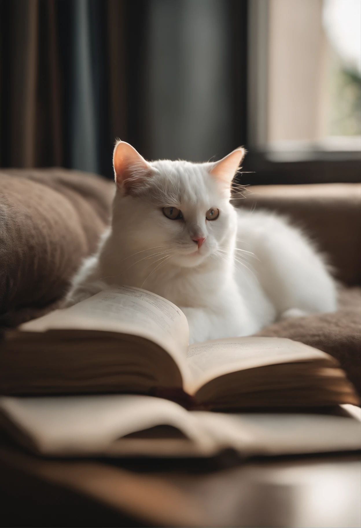 there is a cat on it, a cute little cat, The cutest kitten in history, Very beautiful and cute girl cat, Lewd and excited white cat, a cute little cat, Intelligent cat, an anthro cat, funny cat, cute kittens, And a sad cat. They read books on the couch、Sitting on a chair. They are relaxing after a hard day. They are wearing pajamas.