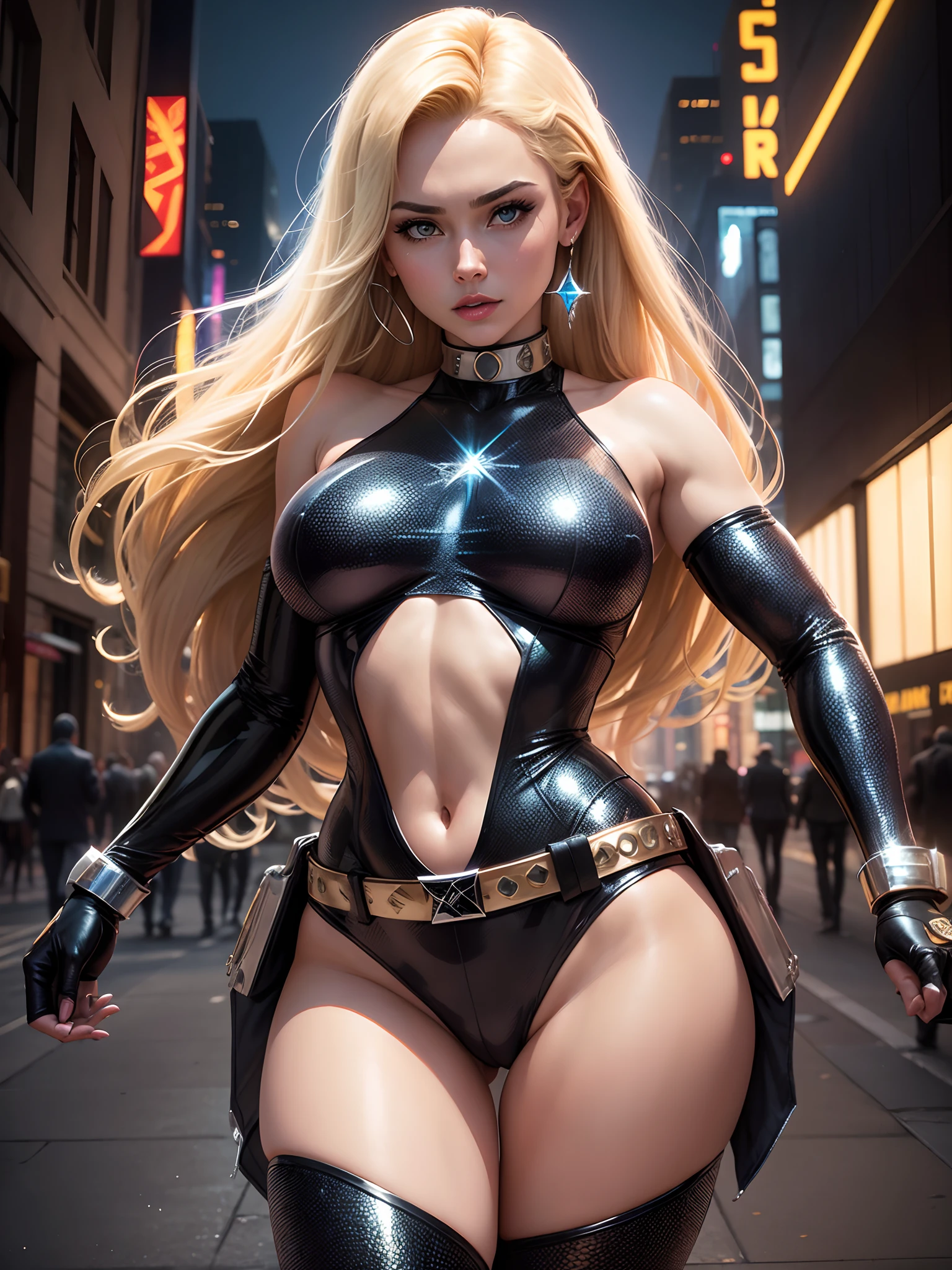 In New York, time squarea, Gorgeous woman, 25 years old, Estilo Cristal (Dazzler in English) is a fictional character from Marvel Comics, associated with the X-Men group, wearing a black tight-fitting X-Men style jumpsuit, belt with x x-men, long blonde hair, Originally, it was created as a franchise, with the aim of representing a disco singer (the same style being in decline at the time) in a comic book, but she soon became a fixed character in the group of mutant heroes. In New York, (belt with x from x-men: 1.3), (athletic body: 1.4), (hanging breasts: 1.2), (full breasts: 1.4), (realism: 1.5), (Realisitc: 1.4), ( Absurdity: 1.4), 8k, ultra-detailed, Detailed Beautiful Woman, (Only one: 1.5), 1girl, (Viewer facing: 1.2),