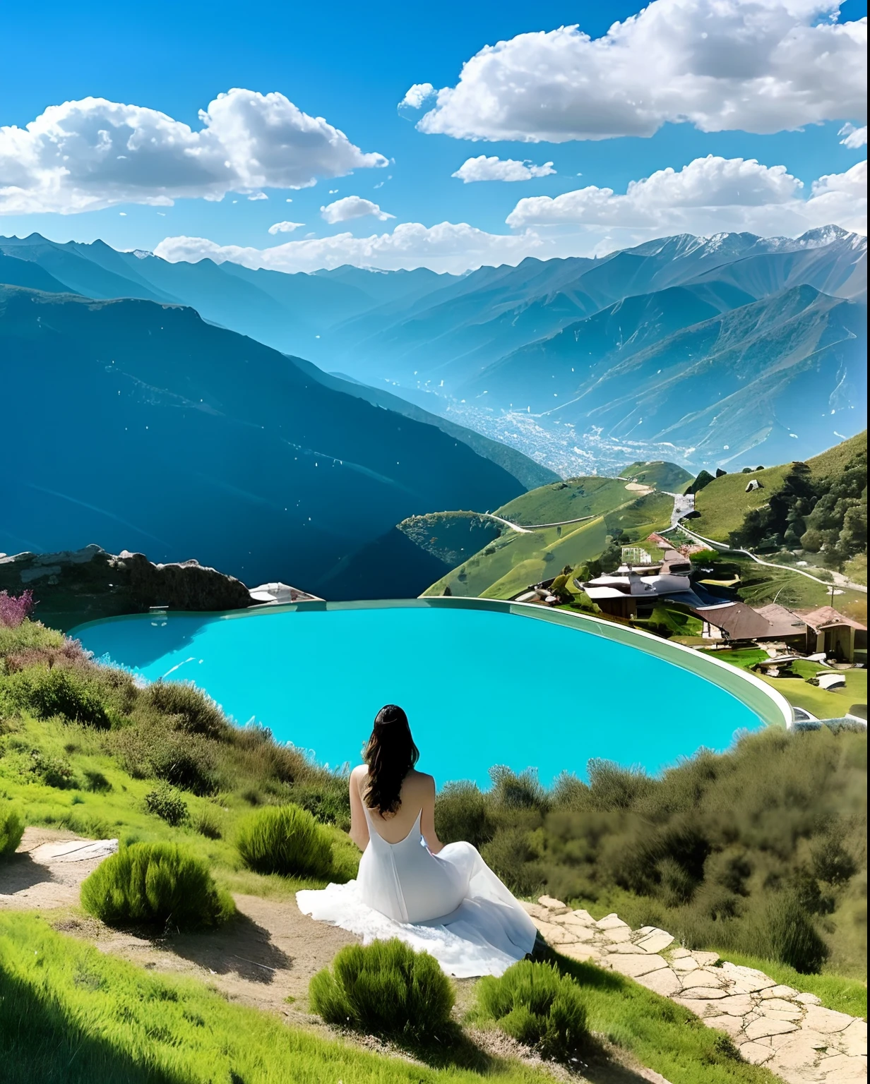The woman in the pool，Mountains and hills can be seen, paradise in the background, heaven in the top, Great view, Jaw-dropping beauty, in a luxurious pool, In the mountains, beautful view, dilraba dilmurat, with beautiful exotic, 🤬 🤮 💕 🎀, onthe mountain, Heaven!!!!!!!!, chill time. Good view