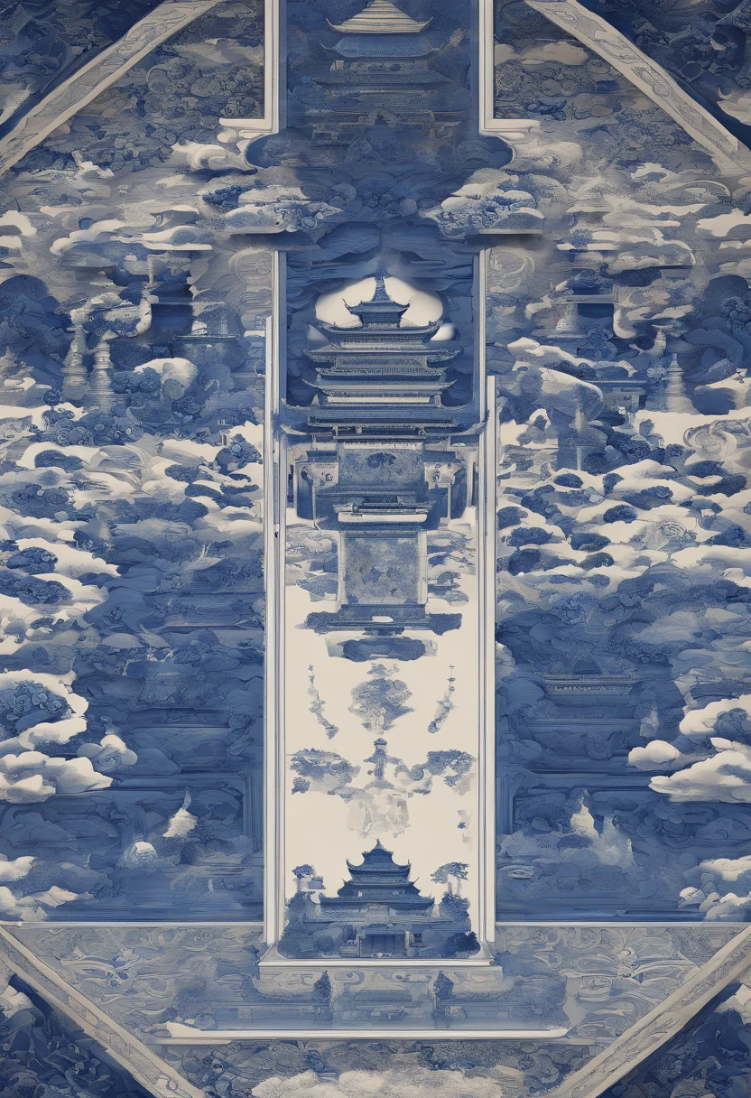 Blue and white porcelain,Ceramic material,Chinese palace of the Tang Dynasty,artwork of a,Ornaments, high detail,3D, Chiaroscuro, Cinematic lighting, god light, Cinematic lighting, hyper HD, High details, Best quality, A high resolution, Textured skin,over distances