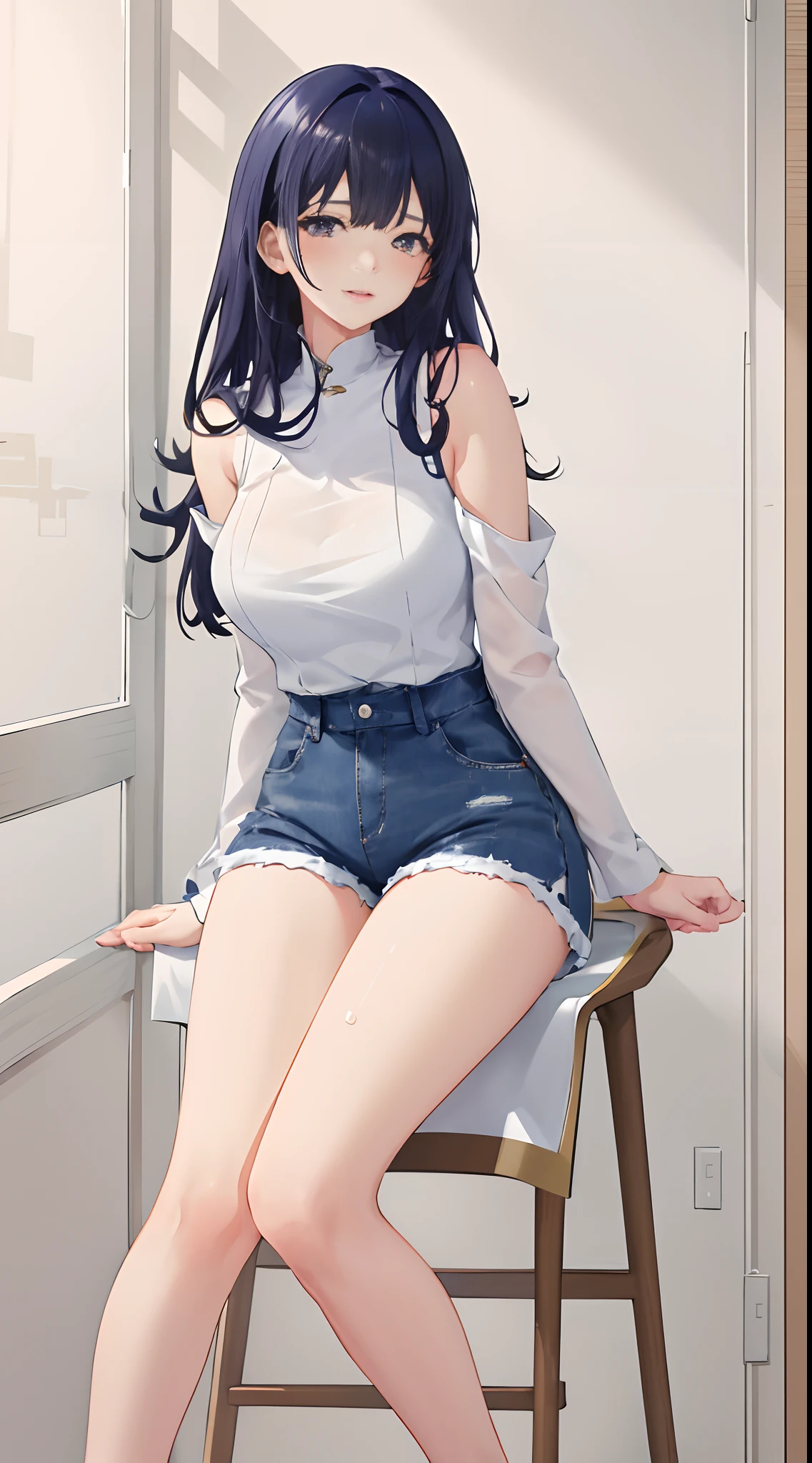 4k高清，1girll, 独奏, She wears white lace lingerie，Wear blue denim shorts，Exposing thighs,sit on chair，The breasts are particularly large，Perfect hands，Body sweating，Long black hair