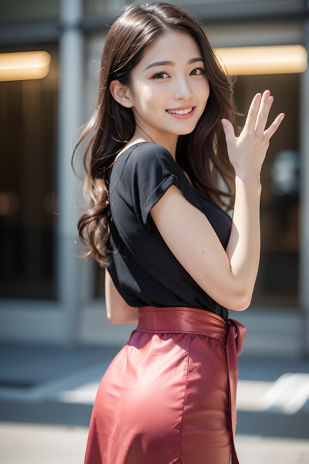 (8K,Raw photo、Raw photo、top-quality、Master masterpiece:1.2)、ultra-detailliert、Super Resolution、(Photorealsitic:1.3)、Angle to shoot from the front、Clearly draw shades of light、high resolution RAW color photos、professional photograpy、Same skin type as humans、Female proofreading of Japan from head to toe、Blur the background、Draws faithfully to anatomy、Very detailed and beautiful、Ultra-high image quality、long、Hair swaying and sexy、Very detailed beautiful girl、(Pink Eye Shadow)、smil、Plain clothe、Daikanyama、date、Loosely curly hair、wave her hand、turned around、pulling the hands up、the pose、