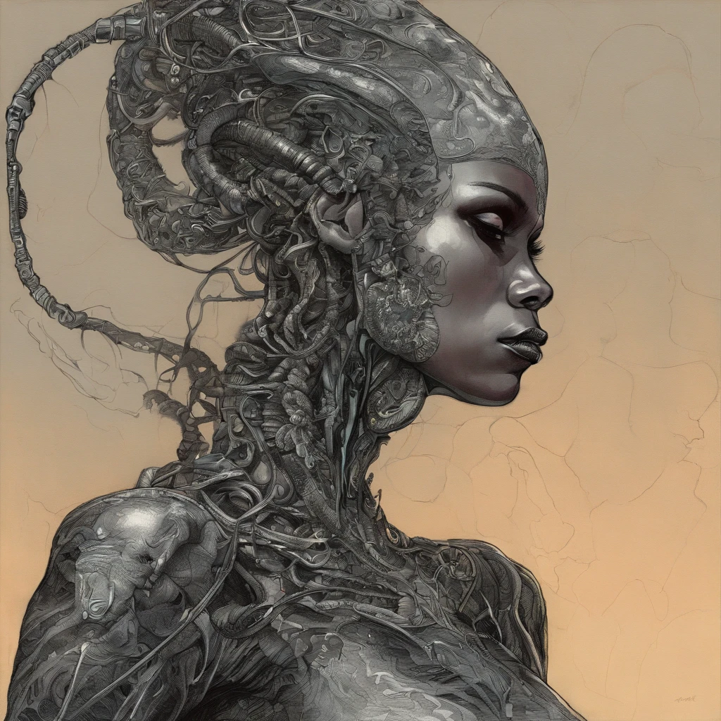 Medusa, Hand Drawn Sketch, stylo & Ink Line Illustration, candid, double exposition, silhouette, optical illusion,((style artistique "Sean Gordon Murphy" Comic book drawing, Start Panel)), nyctophobie, Portrait complet du corps, Robe en peau de serpent, (corps, Naga, Peuple des serpents, bas du corps queue de serpent, Serpent femme hybride, bald, glabre, Squelette, Body drawn in Frederic Delavier's Anatomical Musculature Illustration Style Art, tatouages de peau de serpent, sharp eyes, pupilles de serpent), (visage, Ornate Black Metal Corpse Painting, looks like Grace Jones), Nuance artisanale, Portrait complet du corps, (Couleurs, Forest Green to Earth Brown, fusionner sombre sourd profond ardent rayonnant brillant ROYGBIV), (background, landes de pins, entropie, Réensauvagement, Sunset at Magic Hour with the stars of the galaxy, cosmos), Subliminal orchids, (horreur, abstrait, surreal, corps, cosmique), (style artistique Gerardo Zaffino fusain), unfinished,