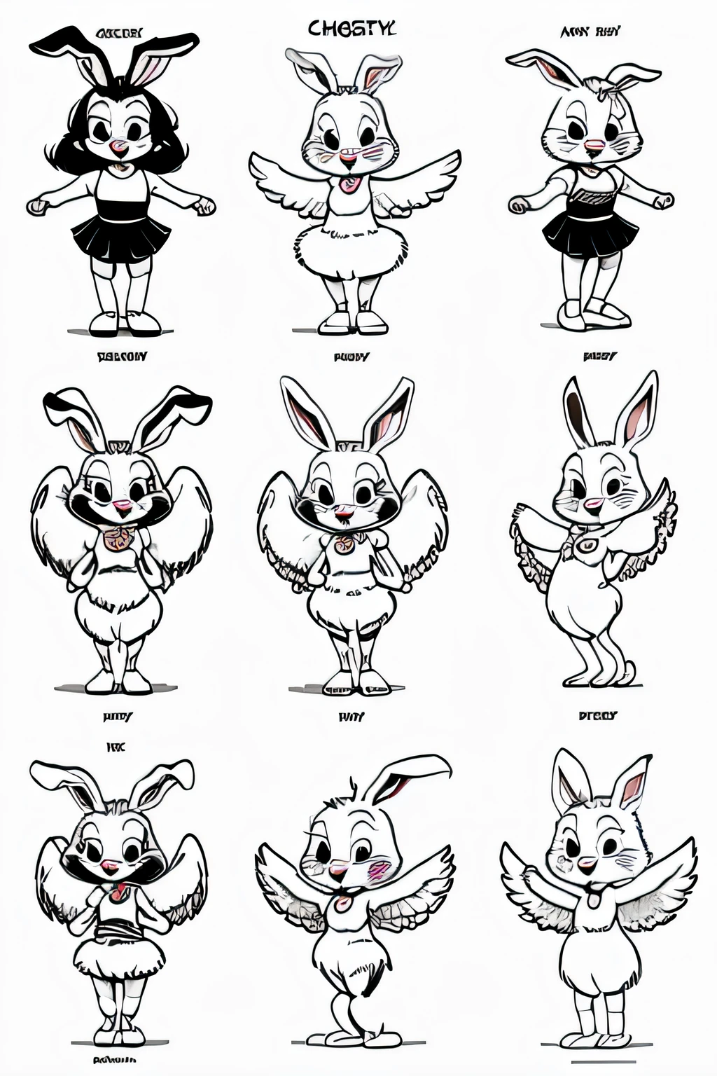 a bugs bunny type cartoon character different angels, character sheet, full body turn around tool, simple line art, furry,white background, different expression ,