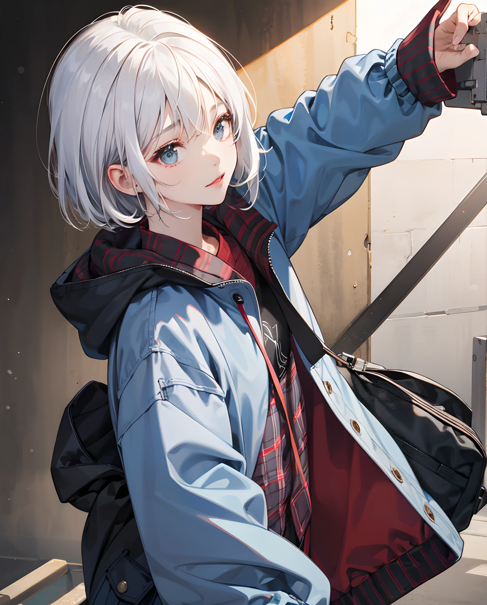 a beauty girl、white hair、Bob Hair、childhood friend、parka