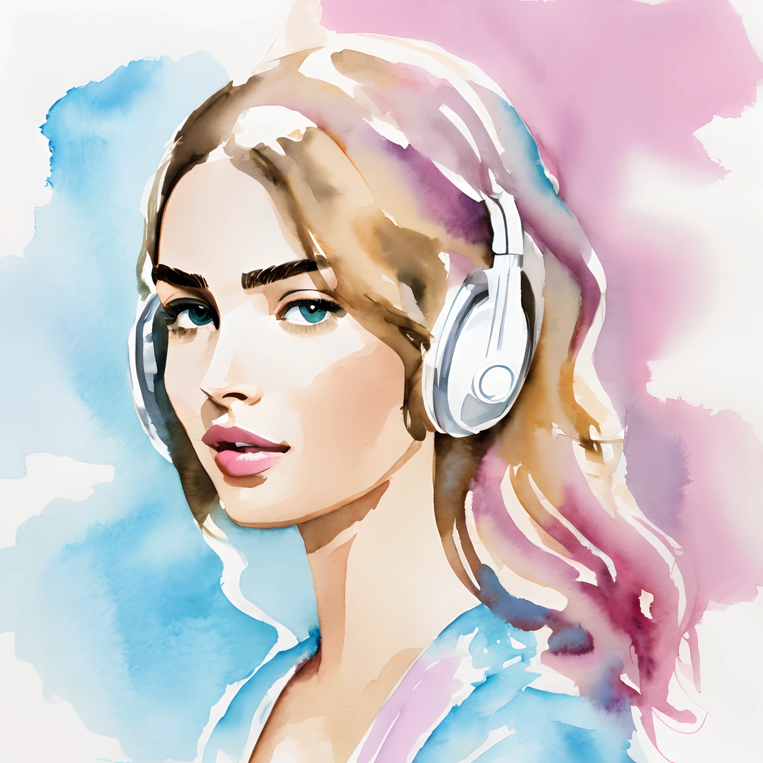 David Downton fashion illustration, gentle colors watercolor, blonde 1woman, thin hair, cute face, Andreea Diaconu, headphones, hoodie, drawing, luxury, calm, lilac, light blue, gentle pink