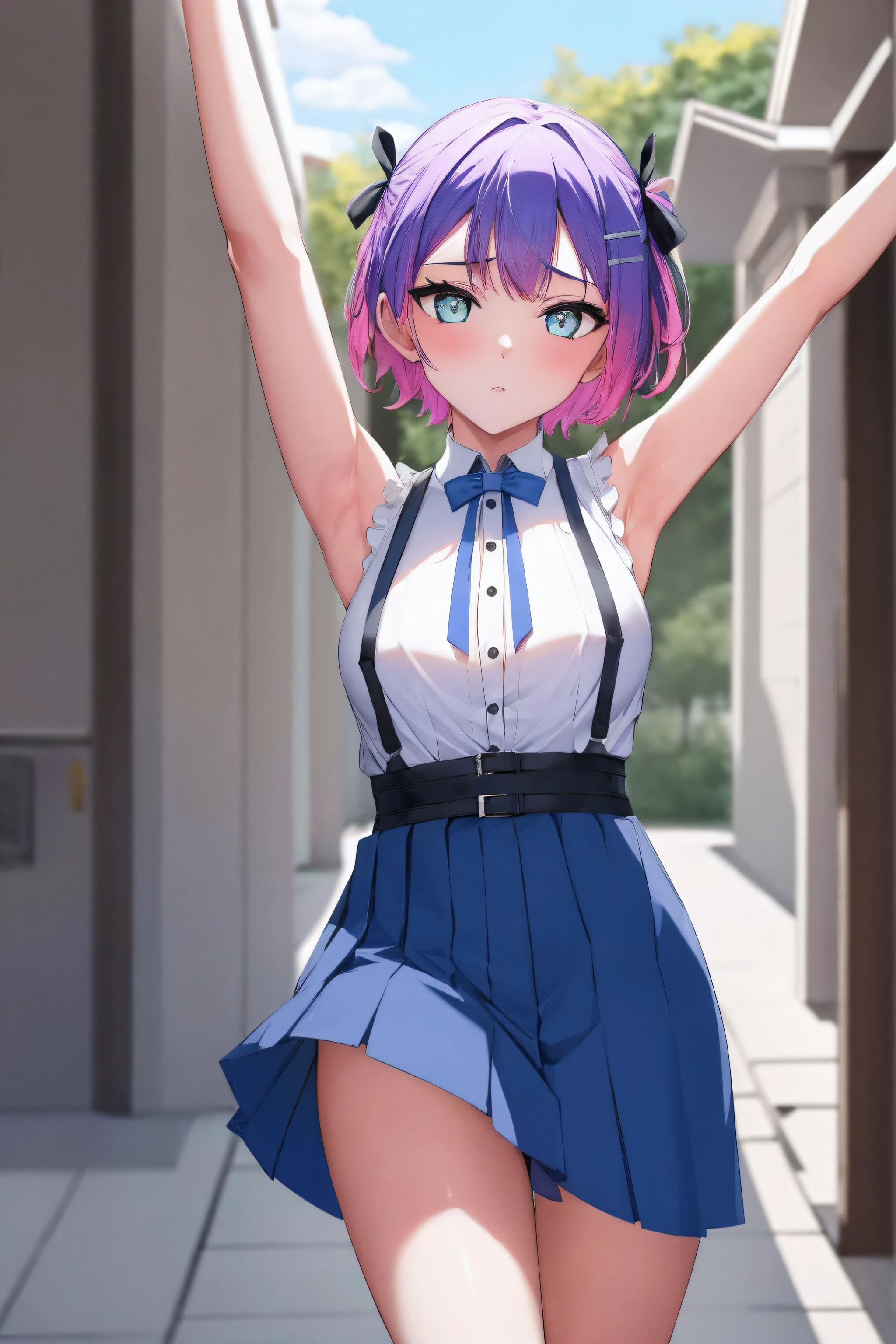 (day:1.7), sky background,a blue sky and clouds,
standing at attention,armpits,arm up,
white shirt, blue vest, sleeveless, blue thighhighs, blue skirt
cctowa, short hair, two side up, hair ribbonhair ornament,
1 girl, 20yo,young female,Beautiful Finger,Beautiful long legs,Beautiful body,Beautiful Nose,Beautiful character design, perfect eyes, perfect face,
looking at viewer, (innocent_big_eyes:1.0),(expressionless:1.3),
NSFW,official art,extremely detailed CG unity 8k wallpaper, perfect lighting,Colorful, Bright_Front_face_Lighting,
(masterpiece:1.0),(best_quality:1.0), ultra high res,4K,ultra-detailed,
photography, 8K, HDR, highres, absurdres:1.2, Kodak portra 400, film grain, blurry background, bokeh:1.2, lens flare, (vibrant_color:1.2)
(Beautiful,medium_Breasts:1.4), (beautiful_face:1.5),(narrow_waist),(perfect hands, perfect anatomy),