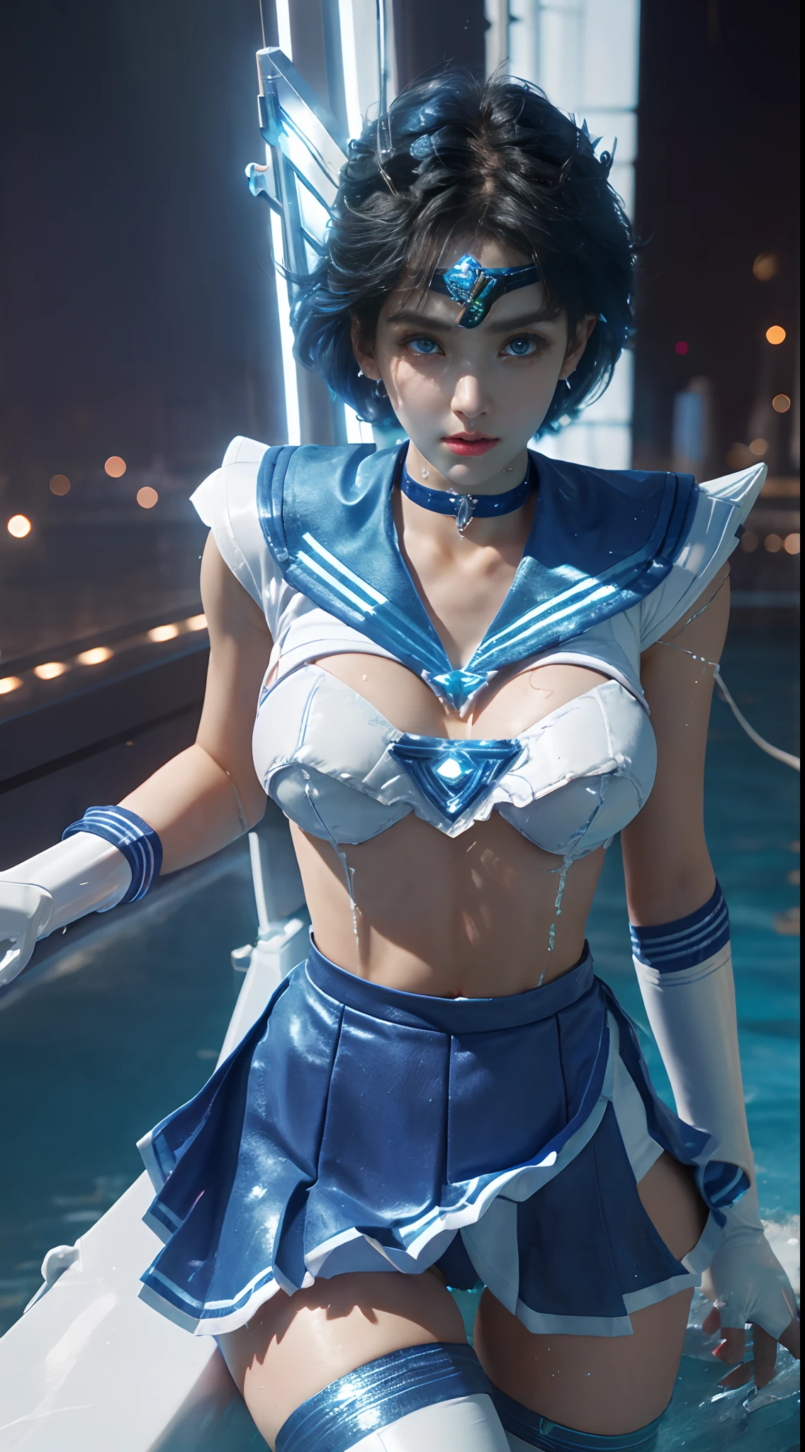 unreal-engine:1.4,hyper HD,Best quality:1.4, Fotorrealista:1.4, skin texture:1.4, tmasterpiece:1.8, (Sailor Mercury:1.4), eBlue eyes, Smarant, mer1, head gear, Sailor Senshi Uniform, (photo RAW, Best quality), tmasterpiece, ludicrous, Sexy, floating short blue hair, Blue sailor collar, (Boots above the knee: 1.4), choker necklace, whitegloves, blue choker, gloves on the elbow, jewely, 耳Nipple Ring, Blue skirt:1.4, only one, full bodyesbian, blue  hair, (mano:1.4), rendering by octane, vulcan, (water dripping), wetclothes, (beautiful detailed  water), (floatking), Dynamic Angle, NSFW,Best quality,tmasterpiece,超高分辨率,(cow boy shot:1.3),(Fotorrealista:1.4),Photo RAW 8K,Cinematic lighting,offcial art,natta, //, messy  hair, Large of breast,,beautifullegs,nakeness,tall female,thinness,thinness_leges,upper legs_hollow,(looking at viewert:1.2),type,black thighhigns,dynamicposes,high-heels,from the front side,liar,Pubic Area Showing ,(A city destroyed by the end of the world:1.4), ((penetration missionaries)),((spread their legs)),((Extreme closeup)),(ultra - detailed),sportrait,(tmasterpiece),(Best quality),(ultra - detailed),profesional lighting, SM mercury