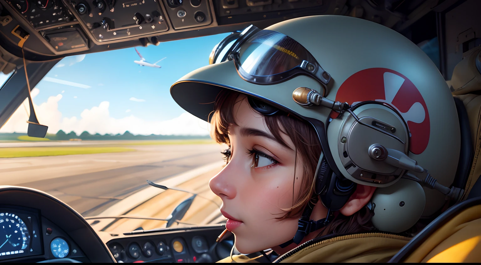 Mouse in a cockpit with aviation helmet looking at the face