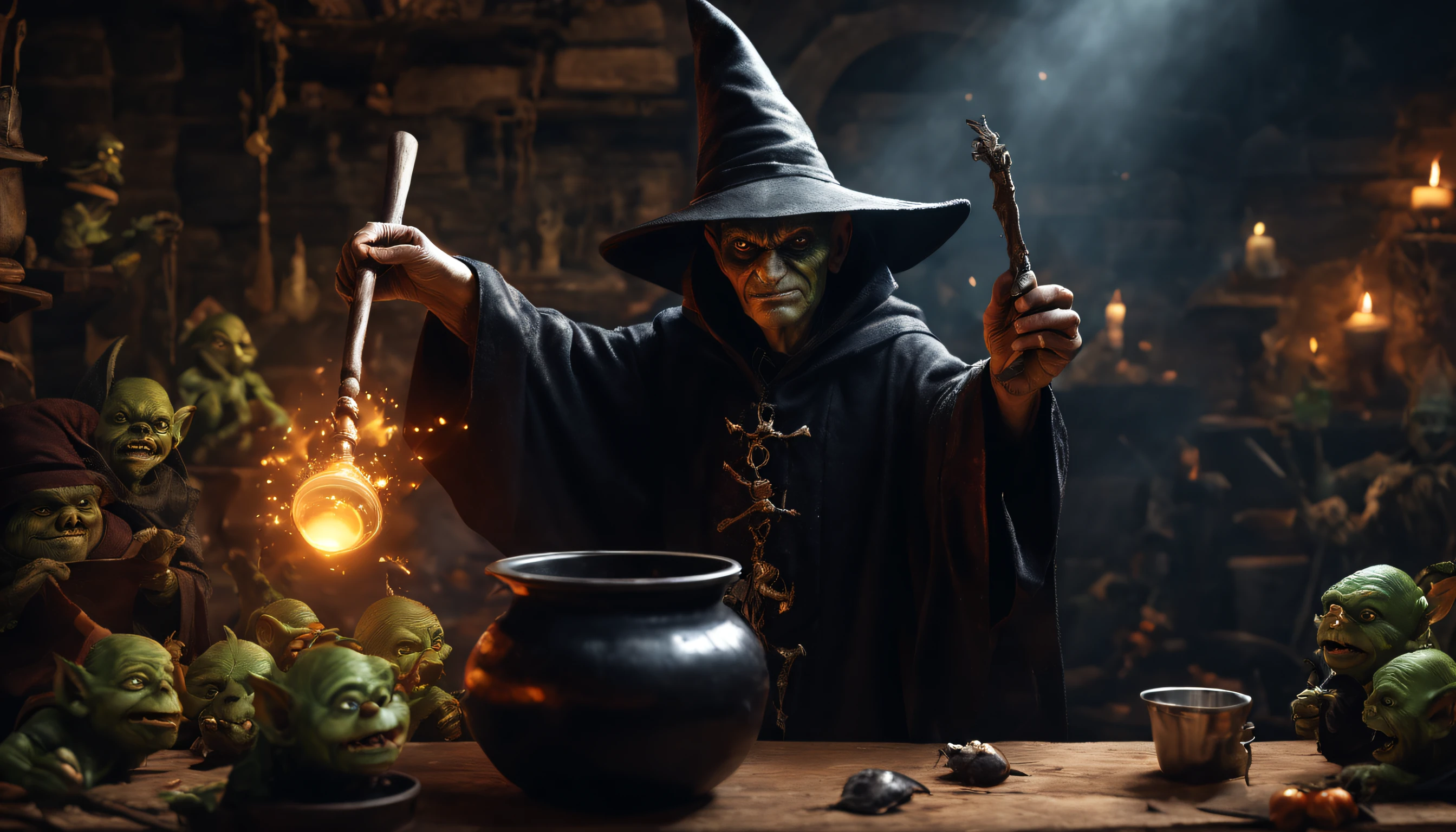 Magician wearing dark rmagic robe, (practicing Dark magic with a wand:1.3), (black crows coming out of hat:1.1), (goblins making dark elixir in a pot:1.2), Realism, Expressionism, cinematic lighting, god rays, ray tracing, UHD, masterpiece, textured skin, anatomically correct, super detail, highres