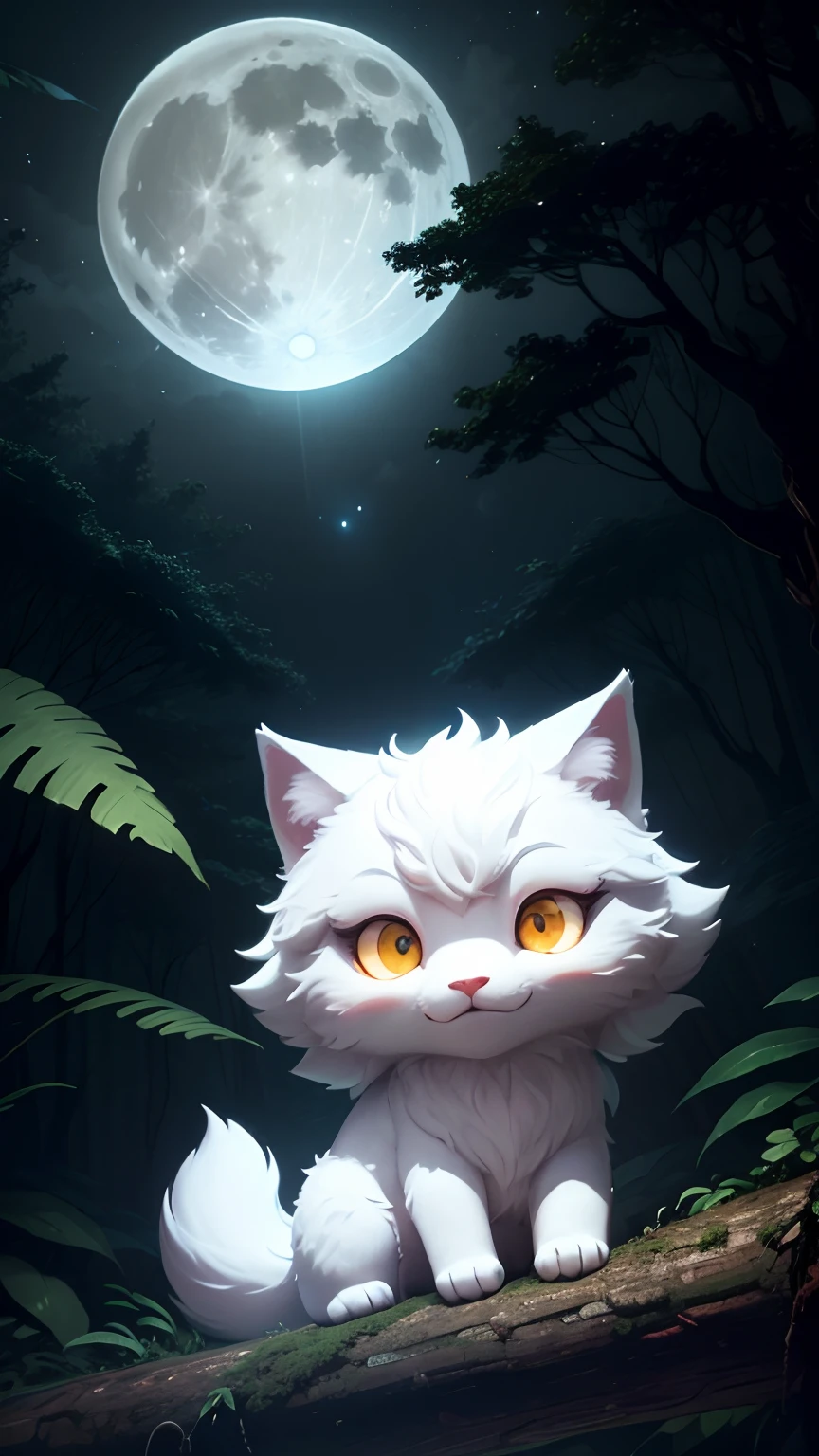 A cute Jungle sticker, golden eyes,a big white wolf,a full moon,a deep forest,and a mysterious image. It's night but it's bright