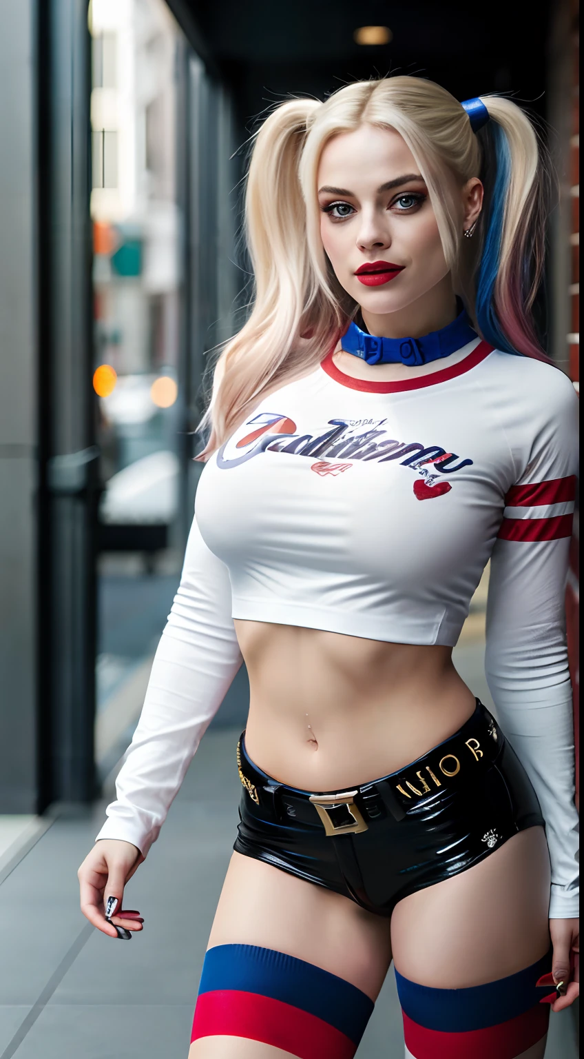 (8K, RAW photo, Best quality, Masterpiece:1.2), Ultra detailed, offcial art, full body shot of, photo-realistic:1.37, Petite, The can be seen through the shirt by exposing the cleavage, DC Harley Quinn, filmgrain, Dynamic pose, Bigchest, The camera focuses on her chest,  topless, breasts, big nipples,  white socks, high stockings, high white socks, boobs, legs,