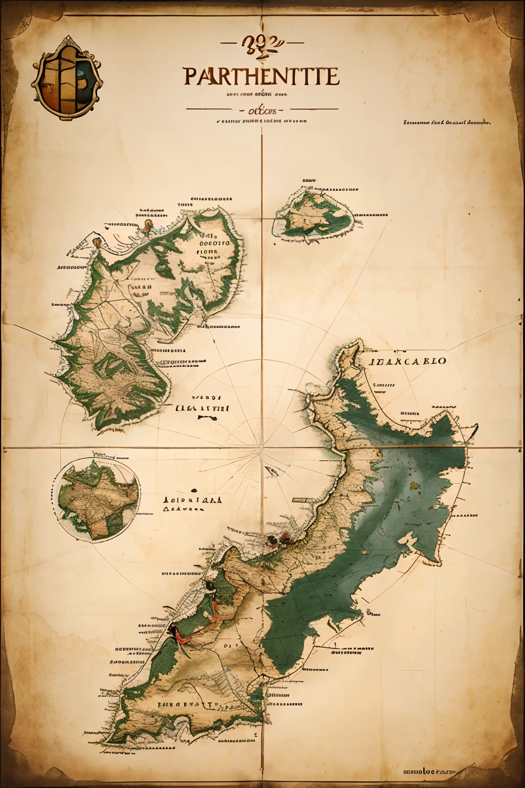 2D parchment roll map,There are simple callouts,True geographic formations