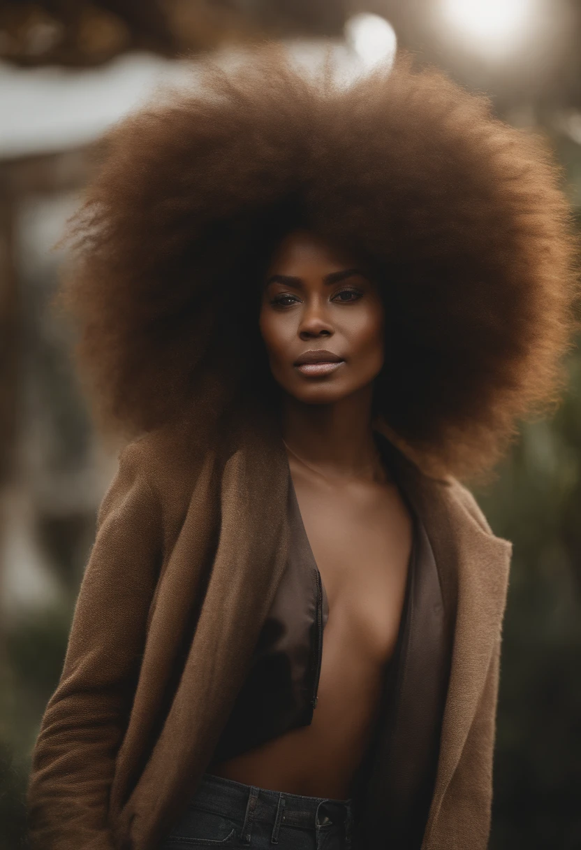 Destini with a very large afro hair posing for a photo, a digital rendering by Juan O'Gorman, Gagnant du concours Shutterstock, Afrofuturisme, afro, cheveux afro, with textured hair and skin, avec afro, peau brun clair, peau brune. light makeup, Métis woman, peau brune, diffuse natural radiance of the skin, peau brune, make it real and very beautiful
