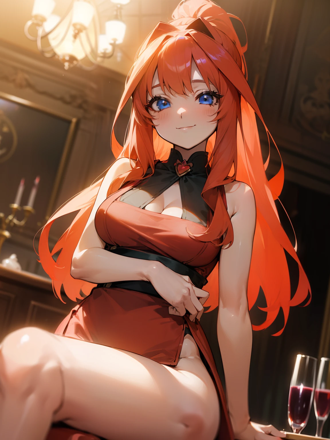 1girl, Anime girl with long hair, anime moe art style, Anime visuals of cute girls, Anime Best Girl, itsuki nakano fanart, pretty anime girl, Smooth Anime CG Art,  Anime Girl, charming anime girls, Cute anime girl, Shining eyes, big , ((looking at viewer)), (((((indecent smile))))), close up, red hair, blue eyes, ((((revealing clothes)))), (paris), (((bussy fancy restaurant))), glass of wine, cleavage, (((short red dress))), ponytail, people, ((((gala)))), night, sleeveless, sitting spreading legs, from below, intern thigh