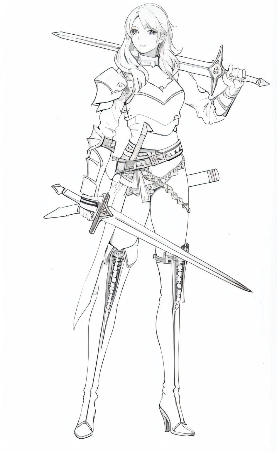 An epic female avatar wielding two swords and a sword, Female knight, Female paladin image, Paladin, Epic Paladin armor, beautiful female knight, A human male paladin, Male paladin, Matte black armor, bikini armor female knight, paladin armor, Smooth silver metal armor, beautiful female knight, Smooth silver armor,pretty anime character design, cute anime waifu in a nice dress, trending on artstation pixiv, Anime character design, anime concept art, high quality character design, Anime character design