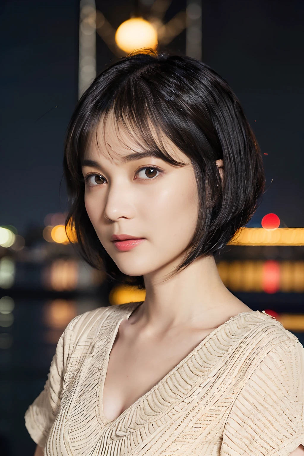 43
(Airy wavy short bob cut:1.46), (a 25yo woman), (A hyper-realistic), (Masterpiece), (8KUHD), Naval port at night, Military uniform without wrinkles, military uniform in future, warships, breast