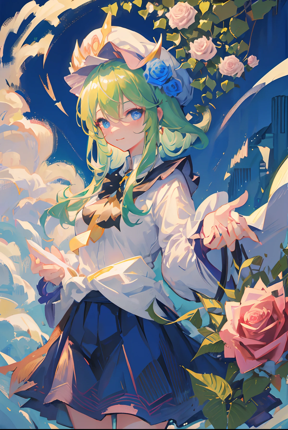 Dark Magician Girl、MKSKS style、独奏、(highly detailed back ground:1.0)、(highly detailed back ground:1.0)、masterpiece、top-quality、超A high resolution、8K、BREAK、(Perched:1.2)、(1/2 and 1 gray/2 Lime Green Hair)、Cat's ears、(Rose hat:1.4)、BREAK、Detailed clothing、white shirt、Detailed skin、glowy skin、A detailed eye、Blue eyes、looking in camera、Burning cheeks、Smile、Large breasts、BREAK、(Soap bubbles:1.2)、natta、dynamic ungle