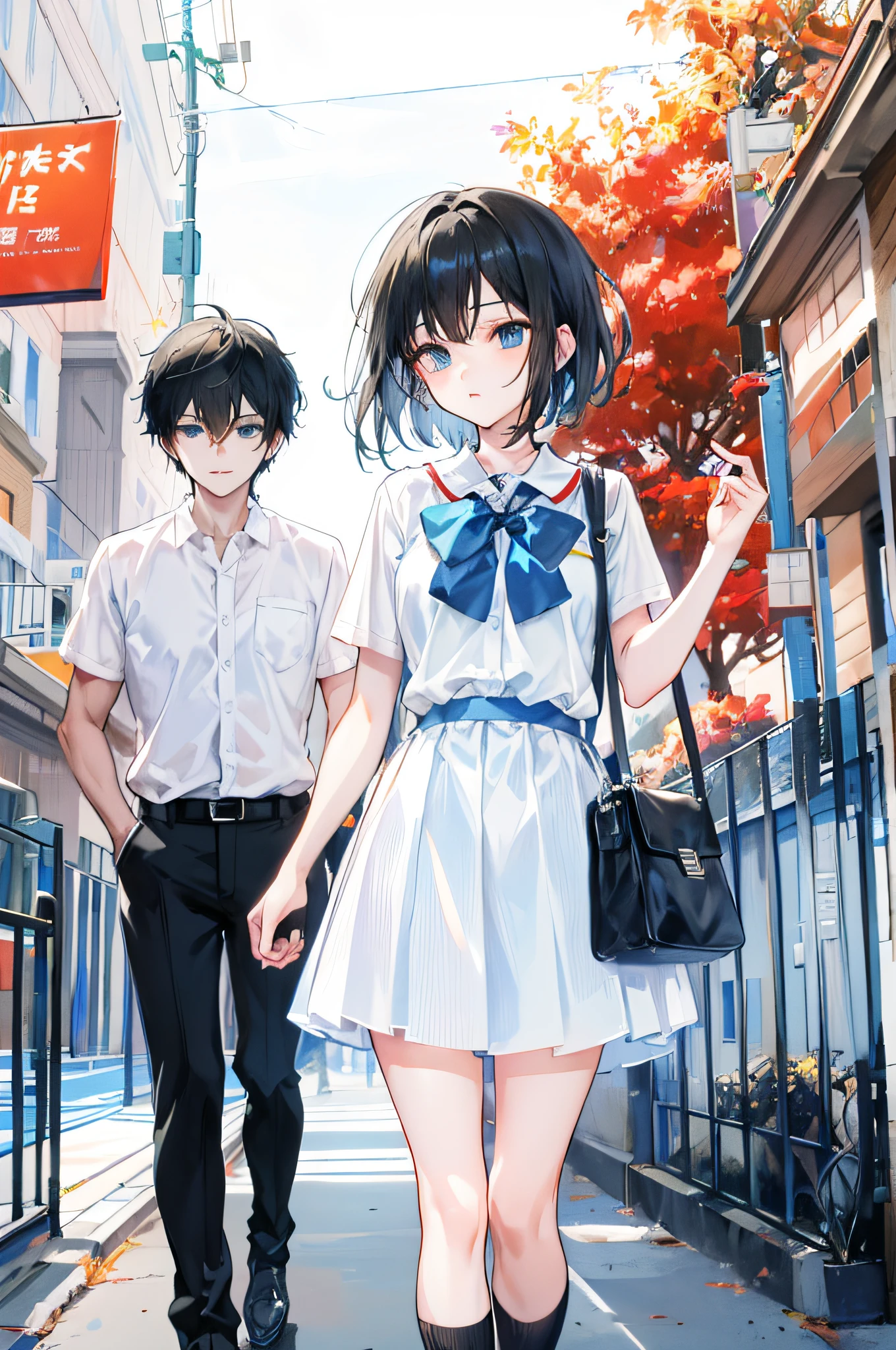 (1 girl: 1.5), (1 boy: 1.5), (two people: 1.5), // anime boy in black short sleeves, // anime girl in uniform, blue eyes and handbag, beautiful anime high school girl, black hair, street, (maple: 1.1), campus, basketball court