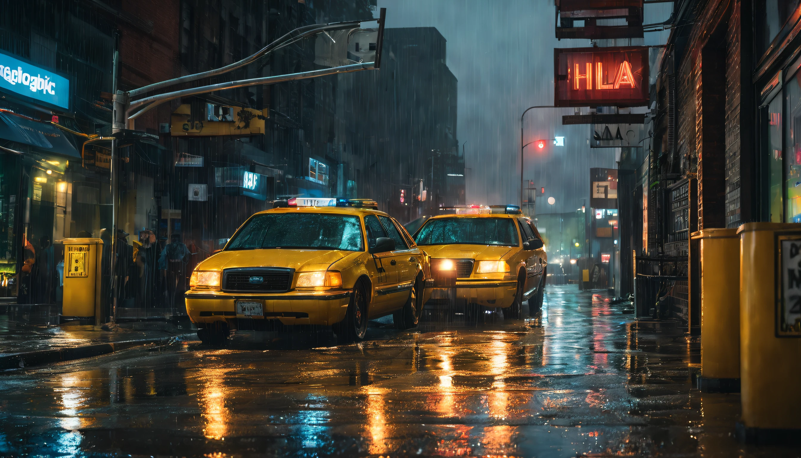 AWARD-WINNING PROFESSIONAL PHOTOGRAPHY, National geographic, on the ground view, a street drain over floating rain, of a 2050 New York city downtown after a rainy night, four friends waiting and looking for the city bus at the bus stop, HYPER-REALISTIC, CYBERPUNK, Cinematic Scene, Cityscape, Moody, Neon-lit, View from above at night during heavy rainfall, reflective wet streets, Photorealistic, Extremely well made,  Arri Alexa with aerial rig, 20mm lens, Light streaks, Shallow depth of field, Lens flares, 8K, HDR, Volumetric lighting, Lens flares, Expansive landscapes, Intricate details.