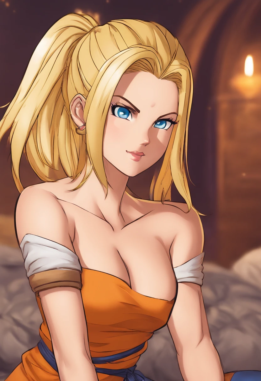 (android_18, and18(dragonball z), (finely detailed beautiful eyes and detailed face), (Face through thighs: 1.4), (Knee shot: 1.2), Blonde hair, Solo,sexually arousing,barechested