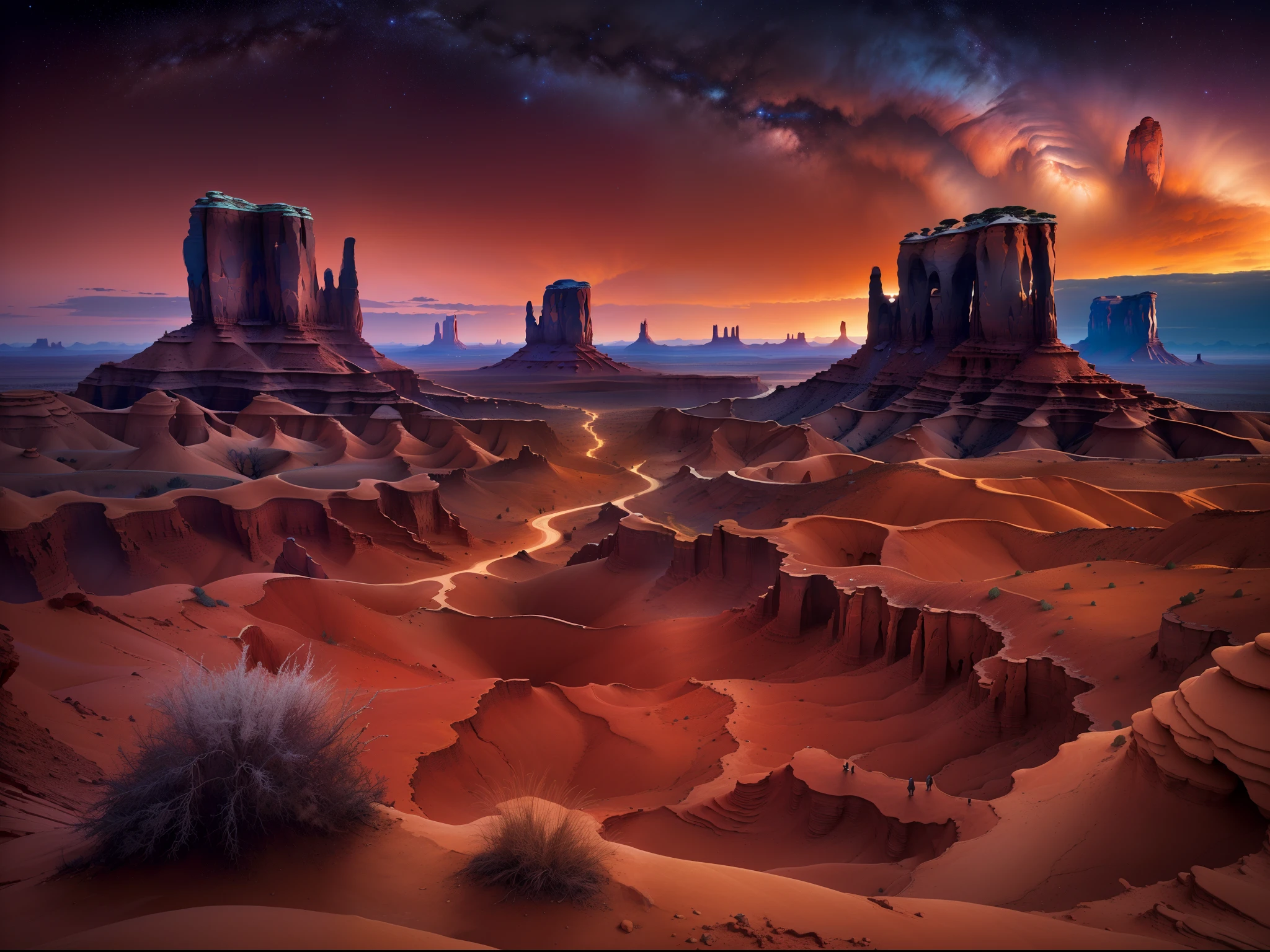 (Best quality,4K,A high resolution,Masterpiece:1.2),Artistic,Natural scenery,Stunning landscapes,Photography,Under the night sky (monument valley, Tsé Bii Ndzisgaii),(Huge sandstone formations, towering rock),geomerty，