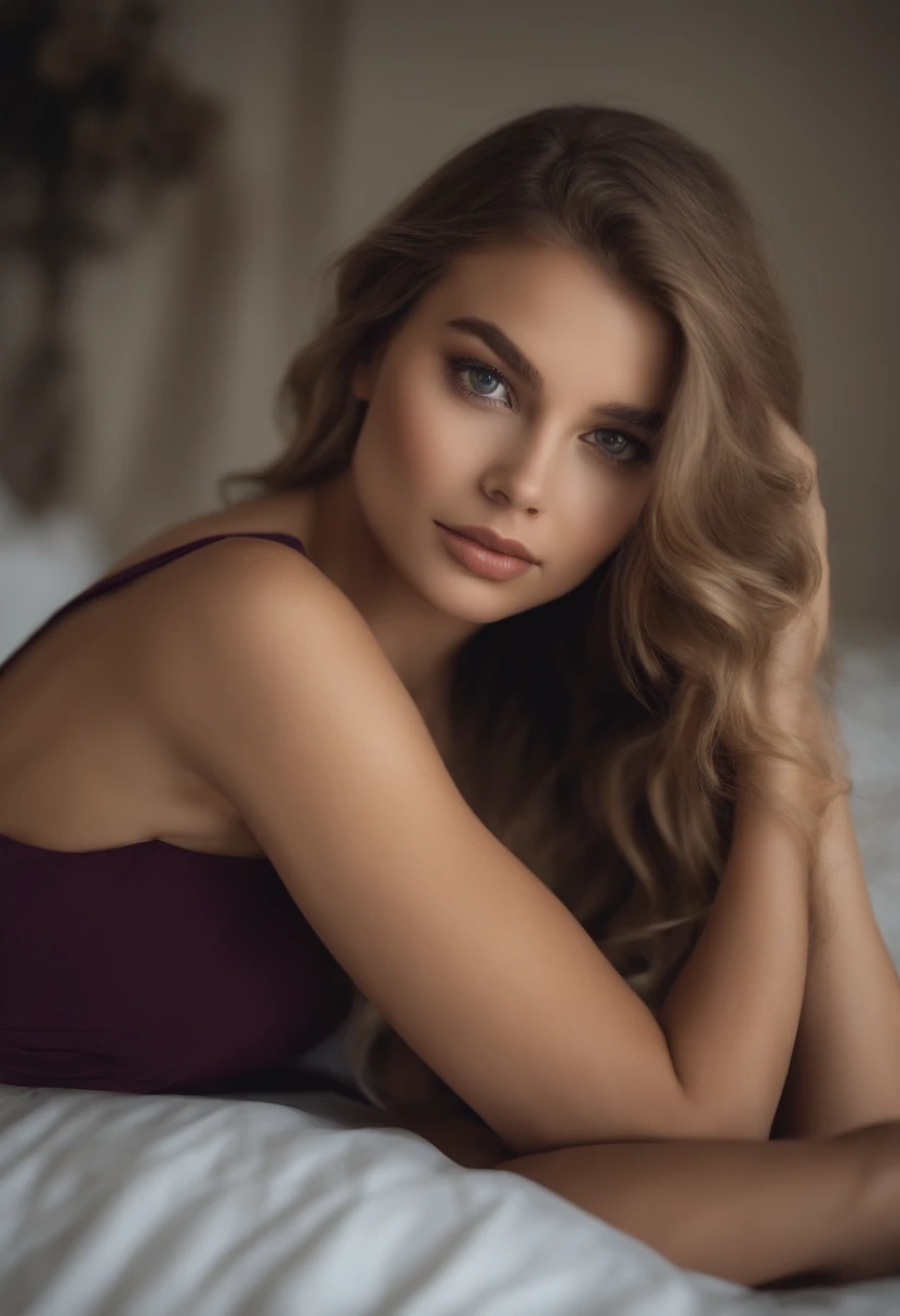 Arafed woman completely , fille sexy aux yeux bleus, ultra realist, Meticulously detailed, Portrait Sophie Mudd, cheveux blonds et grands yeux, selfie of a young woman, Yeux de chambre, Violet Myers, sans maquillage, maquillage naturel, looking straight at camera, Visage avec Artgram, Maquillage subtil, Great photo of the whole body kneeling on the bed, dans la chambre, Medium to large bust