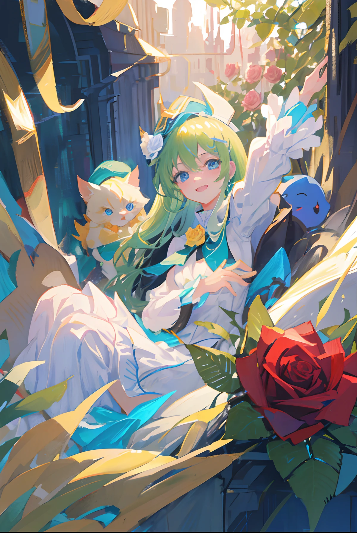 Dark Magician Girl、MKSKS style、独奏、(highly detailed back ground:1.0)、(highly detailed back ground:1.0)、​masterpiece、top-quality、超A high resolution、8K、BREAK、(Perched:1.2)、(1/2 and 1 gray/2 Lime Green Hair)、Cat's ears、(Rose hat:1.4)、BREAK、Detailed clothing、white  shirt、Detailed skin、glowy skin、A detailed eye、Blue eyes、looking in camera、Burning cheeks、Smile、Large breasts、BREAK、(Soap bubbles:1.2)、natta、dynamic ungle