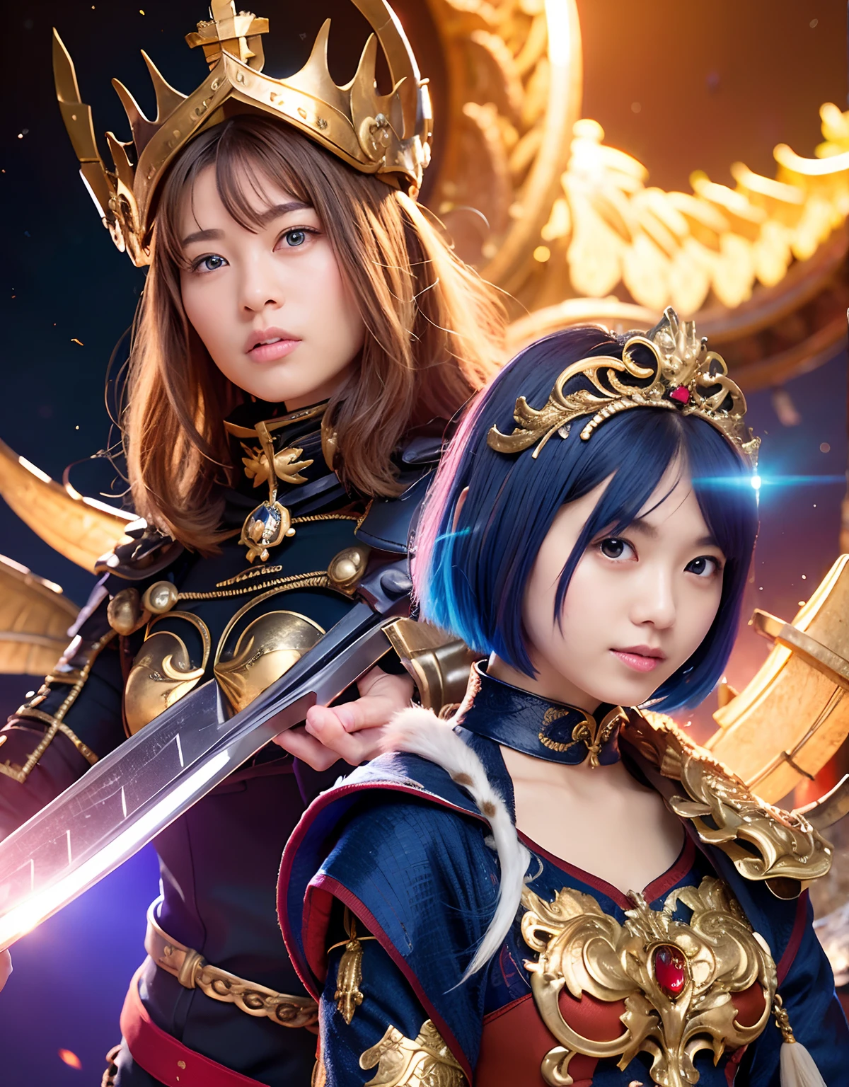 Professional , ​masterpiece、top-quality、photos realistic , depth of fields 、（Gemstone Blue Metal Body:1.２),(Matte Blue Black、（）、gold patterns、Wind-effect、Light Effects、Wind-effect、(Micro Bikini Armor)、（cleavage of the breast）、Dragon Gold Weapon（Dragon Metal Body:1.４),Gorgeous gold weapons ,（Particles of light）、 ,Fight legions of soldiers in skeleton armor ,（fierce look）、Mystical expression、16-year-old beautiful girl、（（ Dragon's dense and gorgeous sword）） , Ultimate Beauty   、（（Blue hair））、（Castle background）、Fight dragons、Fight with weapons、（（Gangle's forest background））、Beautiful Caucasian beauty、（１a person）、dynamic ungle,(((Details of the two demon horns on the head)))、Smaller head、A smile、Castle background、Thin and beautiful female hands、cleavage of the breast、Soldier in iron armor on background、Mystical expression、Light Effects、Wind-effect、magic circles、With the legendary magic wand、（demonic wings）、（Blue hair）、（1 persons）、Battle Look、Anatomically correct body、Toostock、Toostock、knee、Fight soldiers with skeleton armor ,