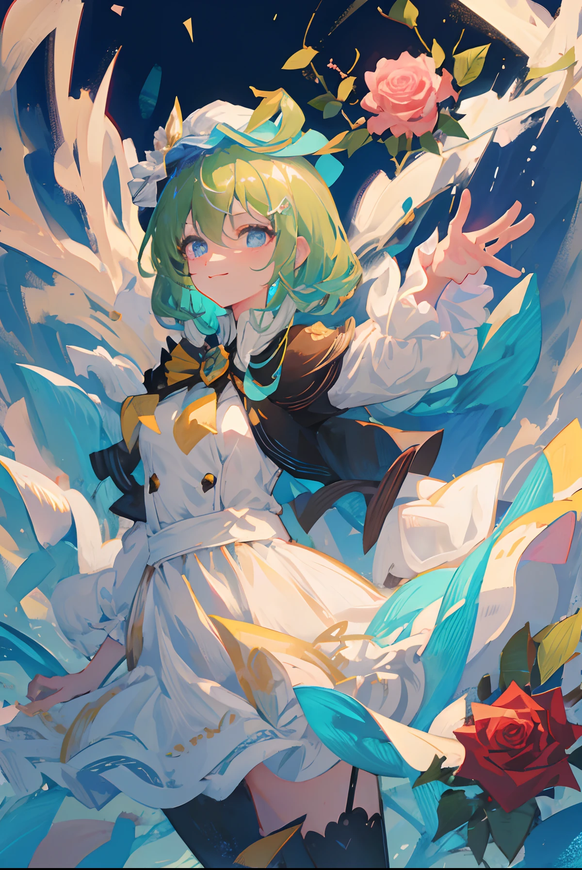 Dark Magician Girl、MKSKS style、独奏、(highly detailed back ground:1.0)、(highly detailed back ground:1.0)、masterpiece、top-quality、超A high resolution、8K、BREAK、(Perched:1.2)、(1/2 and 1 gray/2 Lime Green Hair)、Cat's ears、(Rose hat:1.4)、BREAK、Detailed clothing、white shirt、Detailed skin、glowy skin、A detailed eye、Blue eyes、looking in camera、Burning cheeks、Smile、Large breasts、BREAK、(Soap bubbles:1.2)、natta、dynamic ungle