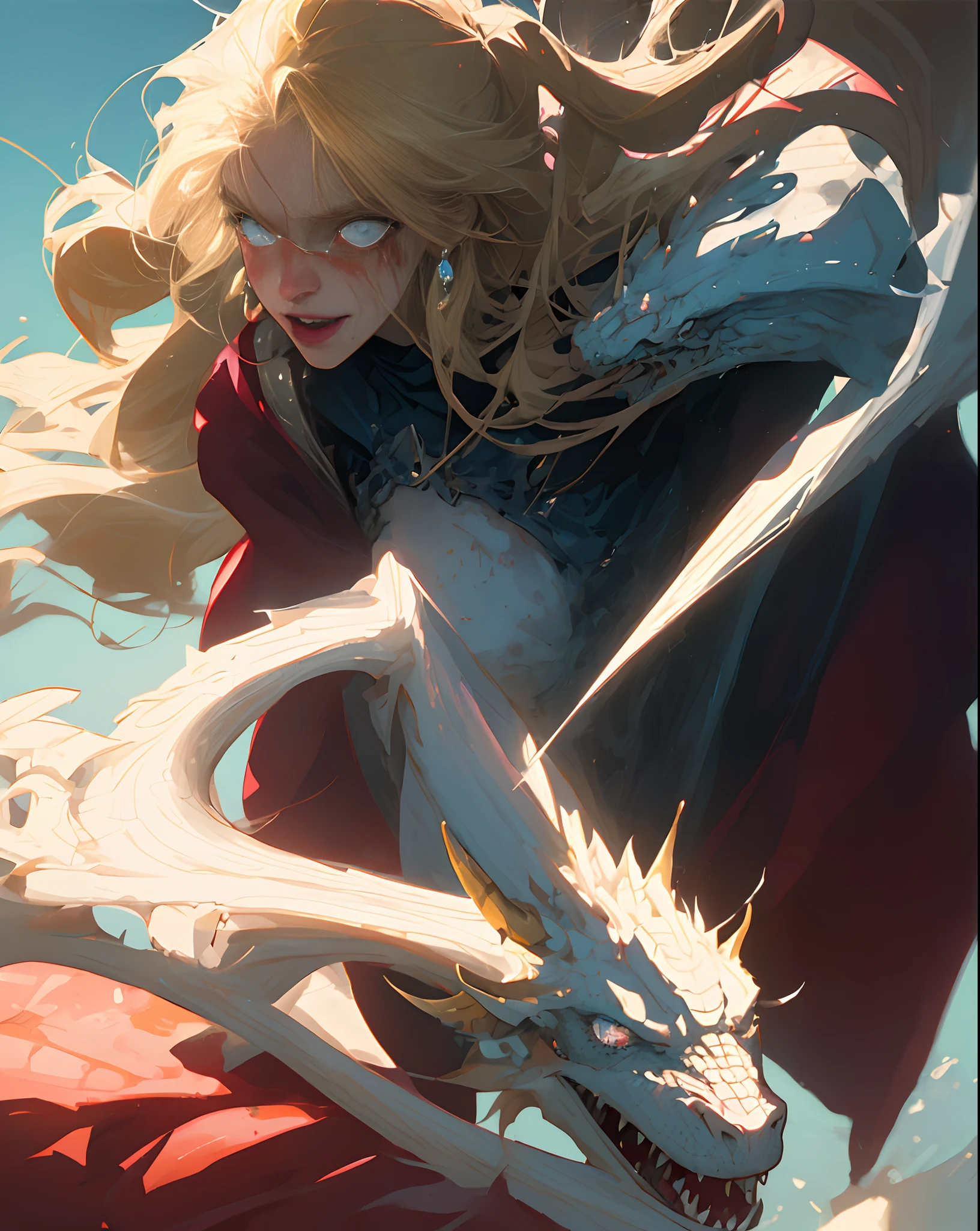 eighties anime traditional cel animation style, in action shot of a vampire themed women with blond hair and blue eyes, in knight's armor without a helmet, with lips bloodied due to a brutal dragon fight, but accompanied by a crazy look and smile, surfaces illuminated by light reflected off other surfaces, accurate fidelity, retro analog movie scene