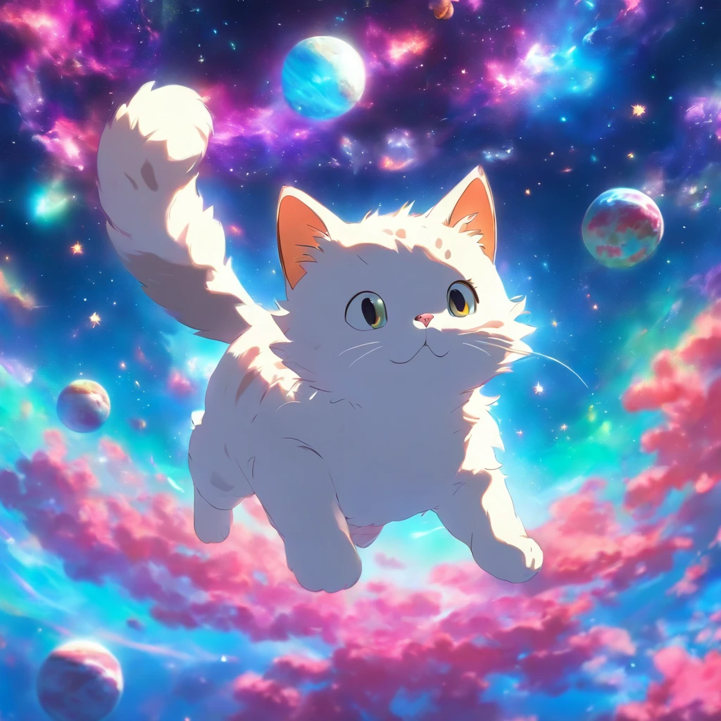 A cat floating in space with a float