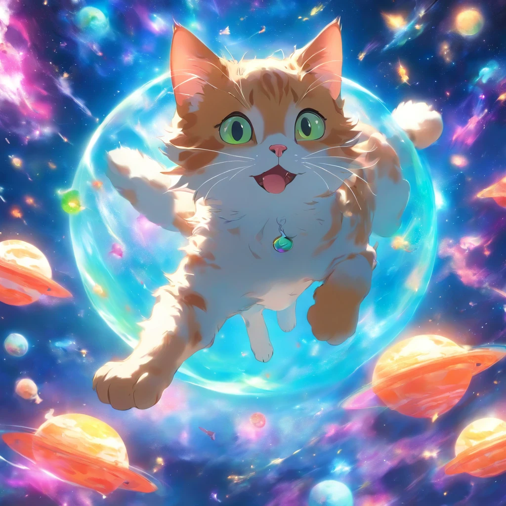 A cat floating in space with a float