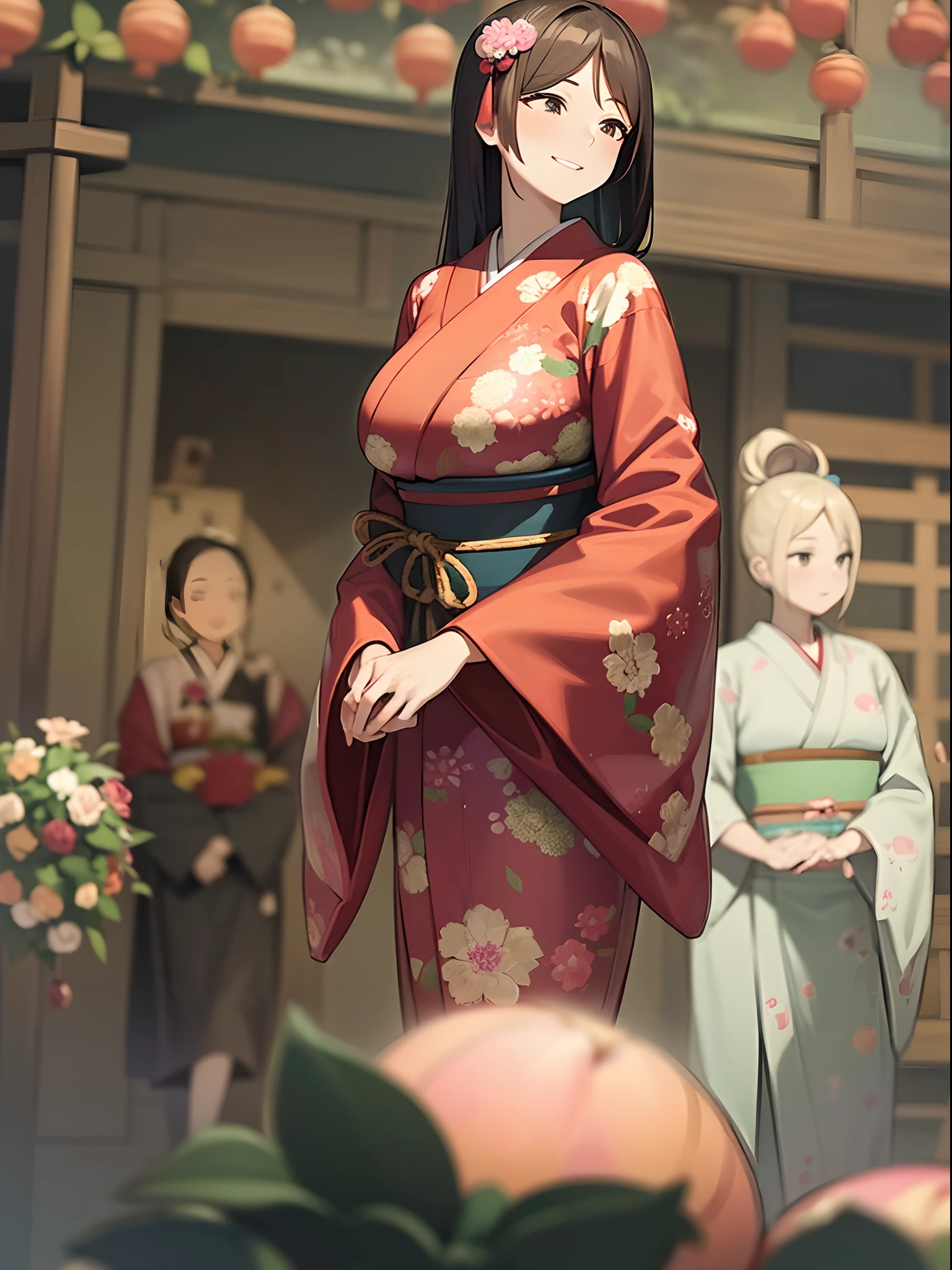 Beautiful woman facing backwards、joyfully laughing、huge-breasted、Holding a bouquet of flowers in your hands、Holding a peach in your hand、omatsuri、Japanese style kimono、{{{Best Quality}}}, {{Ultra-detailed}}, {Illustration},{{{masutepiece}}},