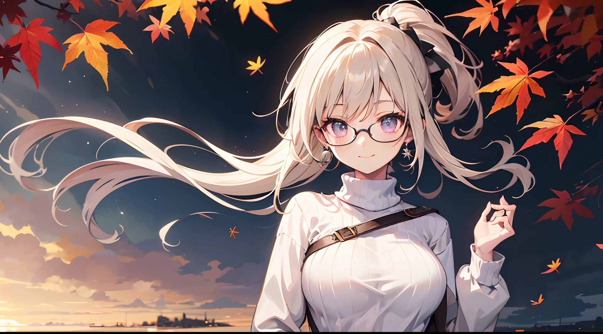((masutepiece)), ((Best Quality)), (Ultra-detailed), ((kawaii)), Cute, (lovely), ((Extremely detailed)), 4K, (8K), Best Quality, (Beautiful), Anime style, Upper body, full body focus, Autumn, Cute girl s, 1girl in, Solo, Sweaters, jeans, Beautiful dark brown hair, Beautiful purple eyes, ((Beautiful eyes with highlights )), White-skinned, Ponytail, Transparent hair, translucent hair, large full breasts, Glasses, earrings, Smile, Wind-effect, reflection effect