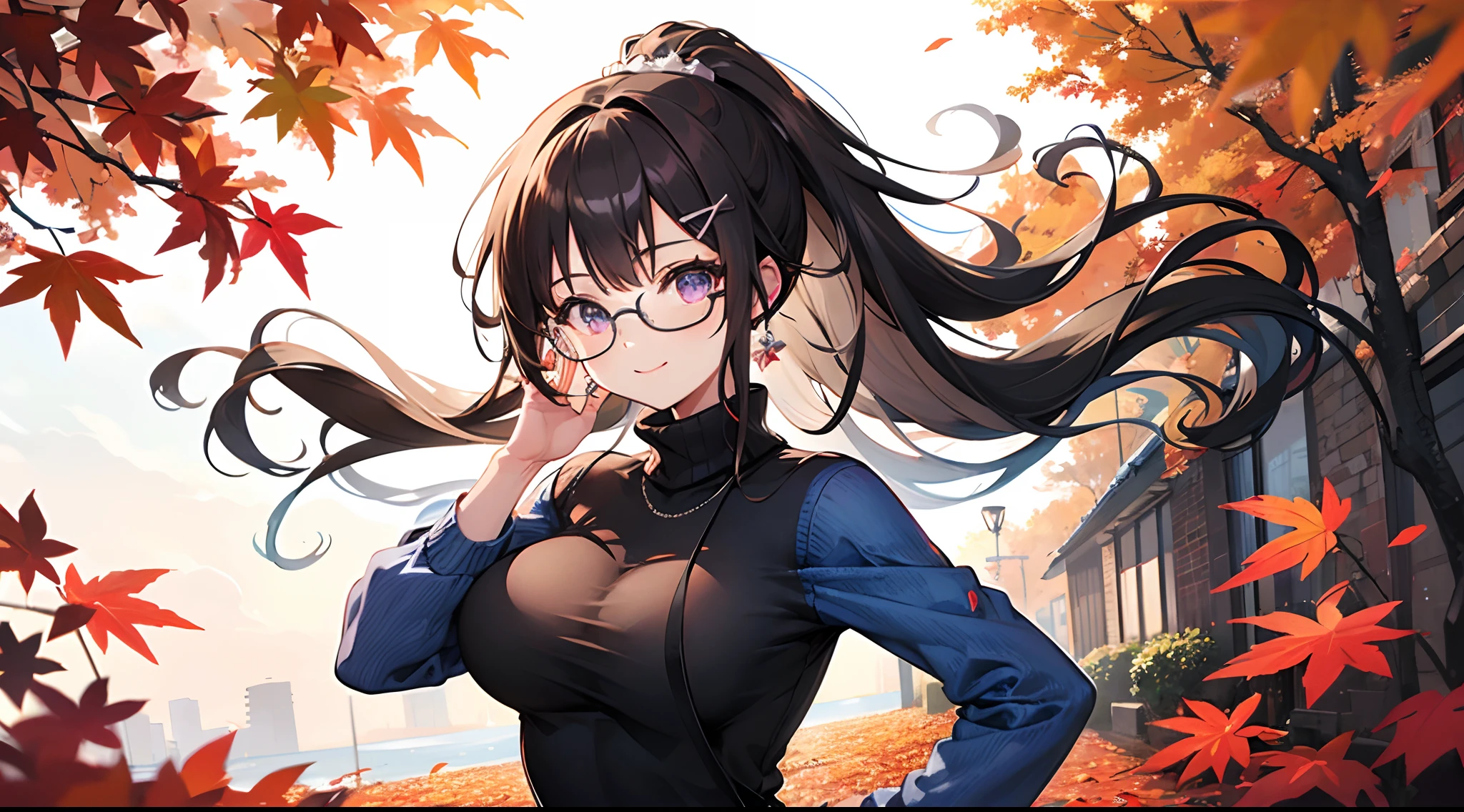 ((masutepiece)), ((Best Quality)), (Ultra-detailed), ((kawaii)), Cute, (lovely), ((Extremely detailed)), 4K, (8K), Best Quality, (Beautiful), Anime style, Upper body, full body focus, Autumn, Cute little girl s, 1girl in, Solo, Sweaters, jeans, Beautiful dark brown hair, Beautiful purple eyes, ((Beautiful eyes with highlights )), White-skinned, Ponytail, Transparent hair, translucent hair, large full breasts, Glasses, earrings, Smile, Wind-effect, reflection effect